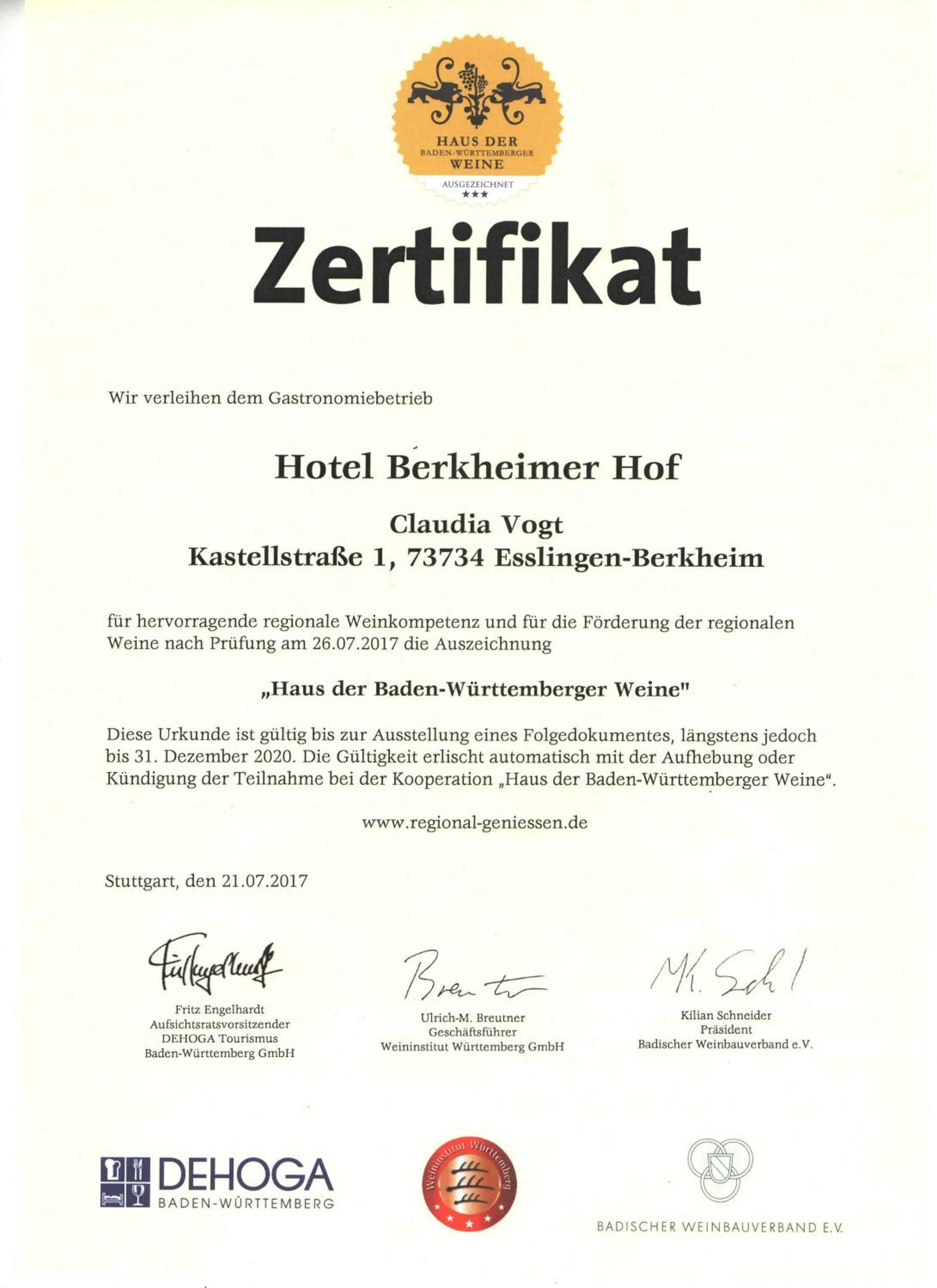 Certificate/Award in Hotel Berkheimer Hof