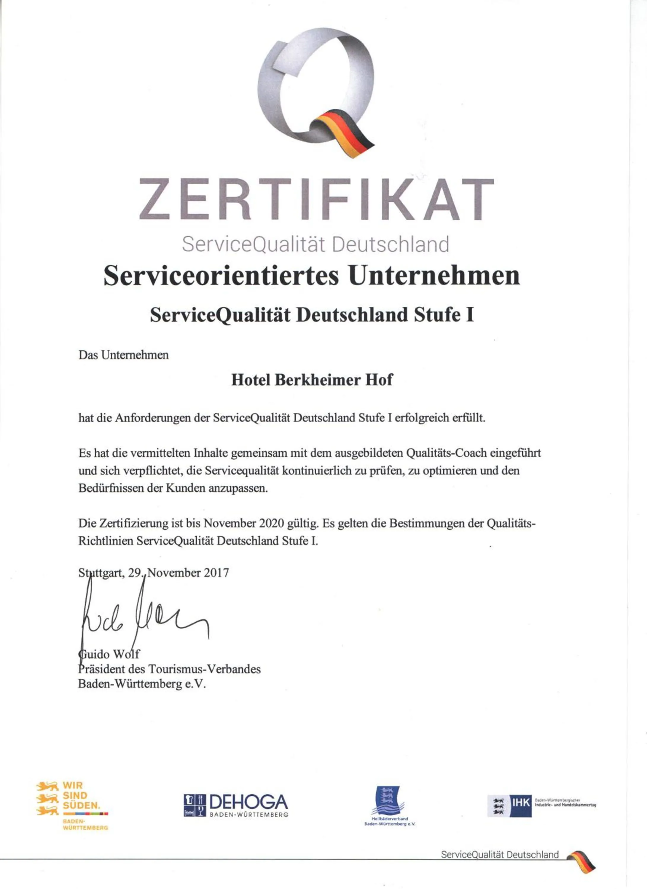 Certificate/Award in Hotel Berkheimer Hof