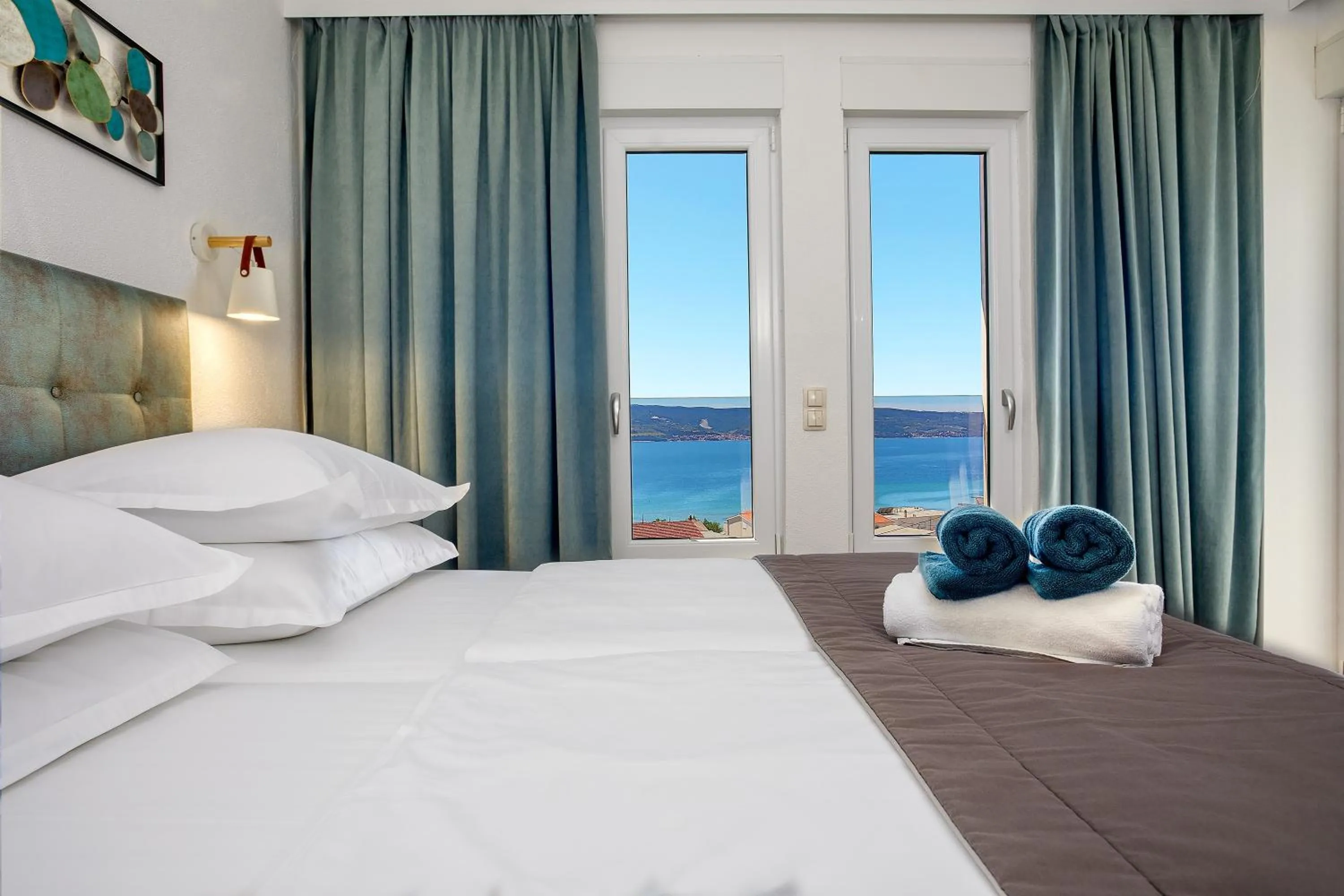Balcony/Terrace, Bed in LUXURY VILLA PARADISE 120m from sandy beach, heated pool, billiard, max 12 pax