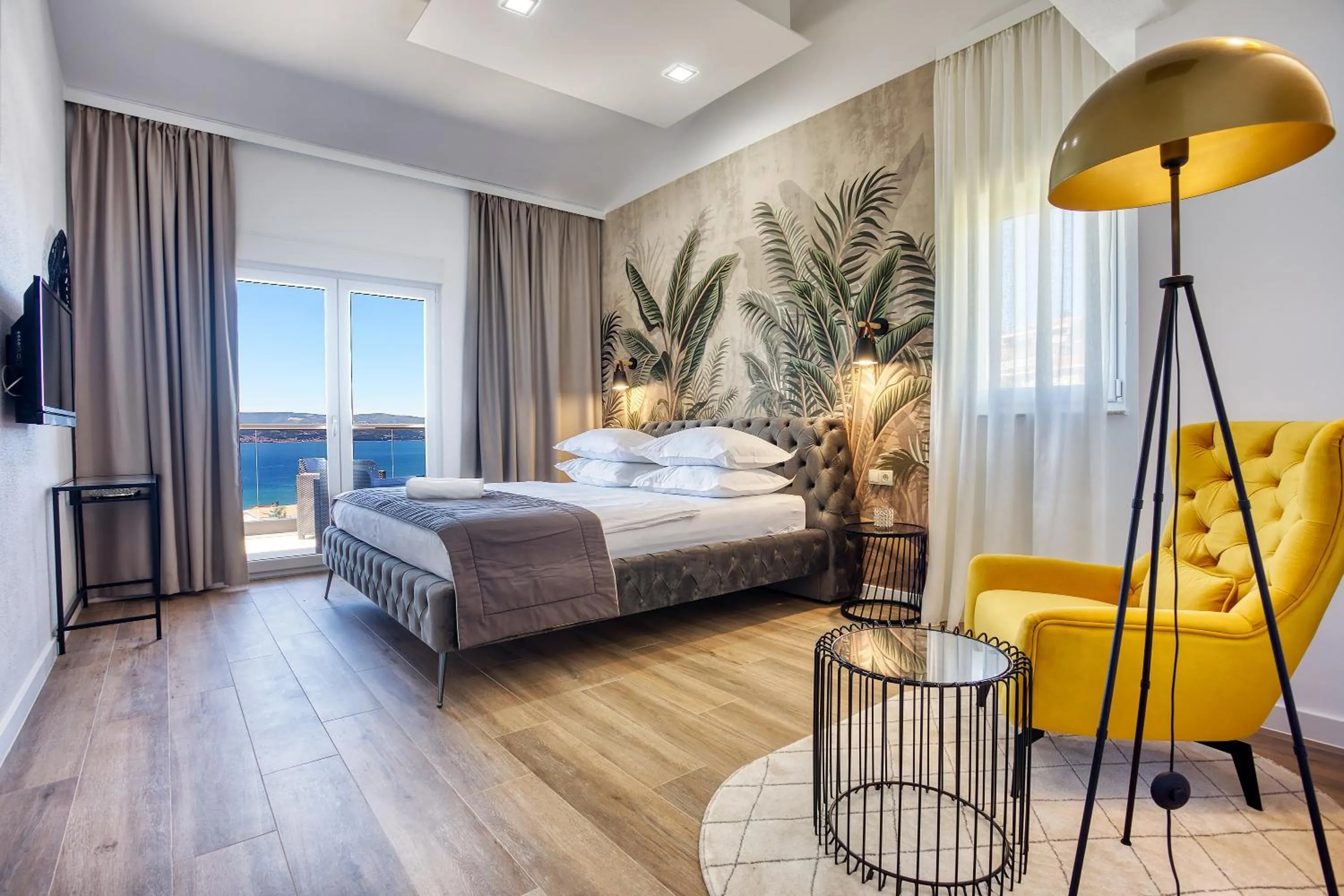 Balcony/Terrace, Bed in LUXURY VILLA PARADISE 120m from sandy beach, heated pool, billiard, max 12 pax