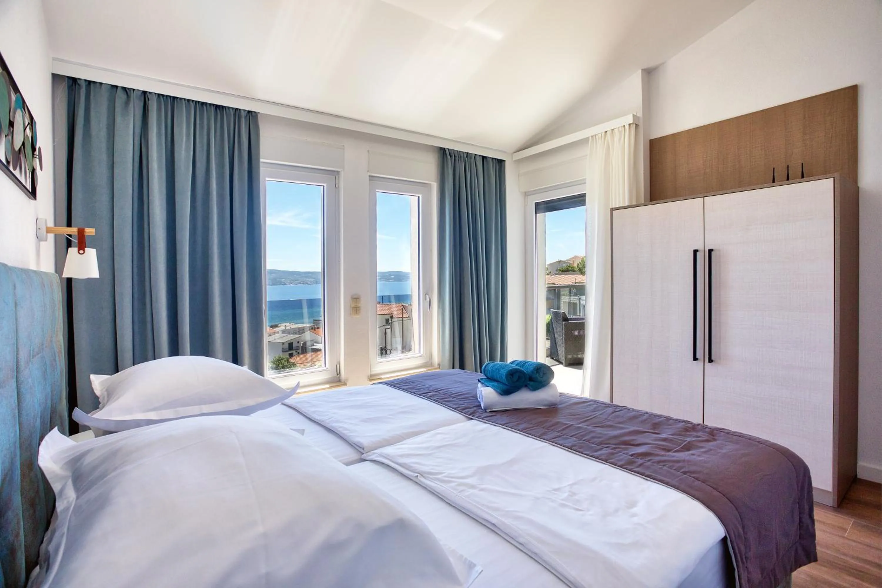 Balcony/Terrace, Bed in LUXURY VILLA PARADISE 120m from sandy beach, heated pool, billiard, max 12 pax