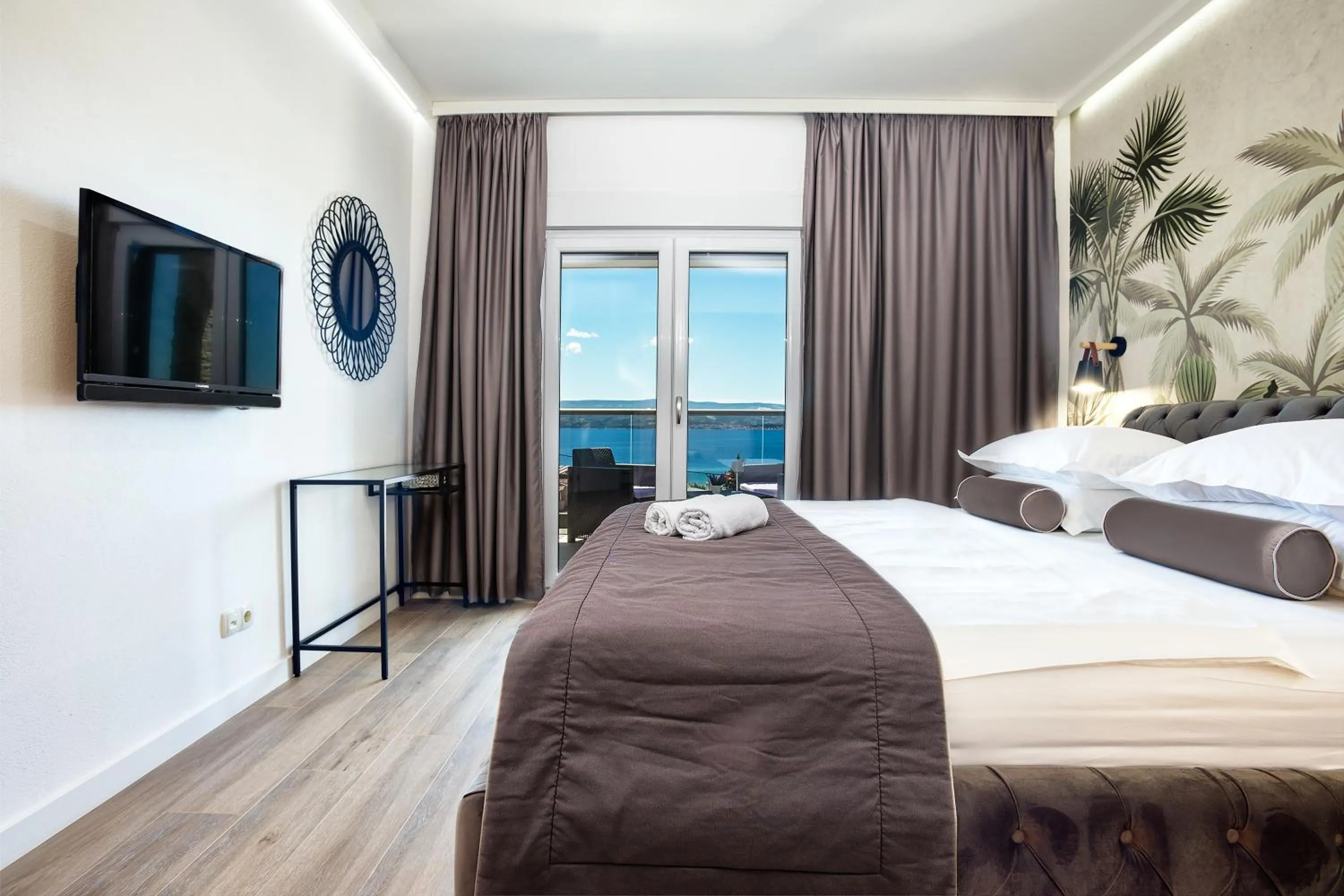 Balcony/Terrace, Bed in LUXURY VILLA PARADISE 120m from sandy beach, heated pool, billiard, max 12 pax
