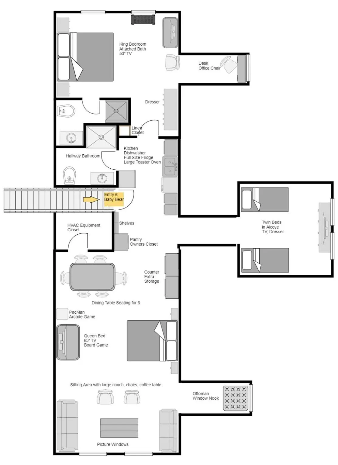 Floor plan in Rustic River Lodge by HoneyBearCabins 7BR 6BA sleeps 21