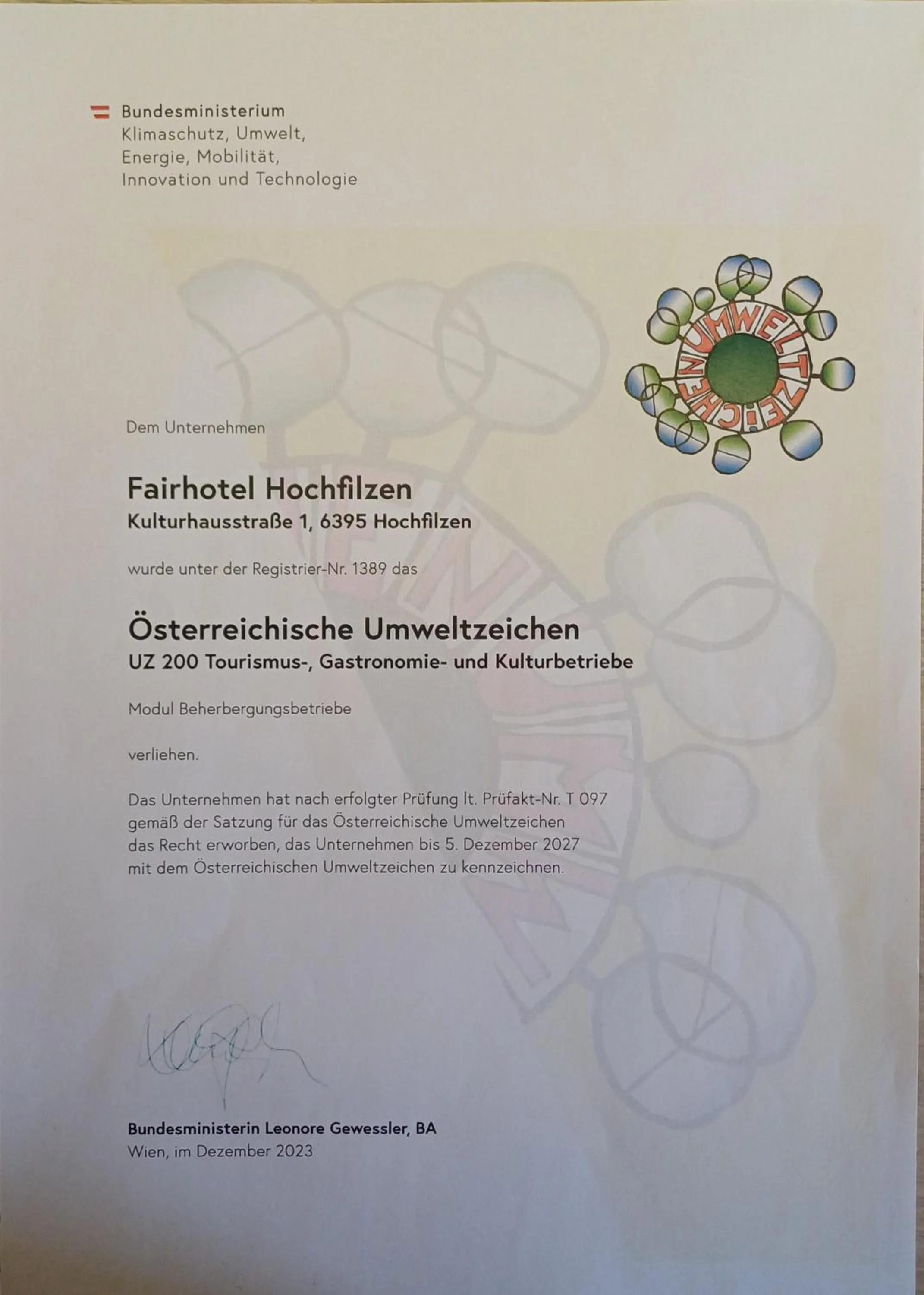 Certificate/Award in Fairhotel Hochfilzen B&B