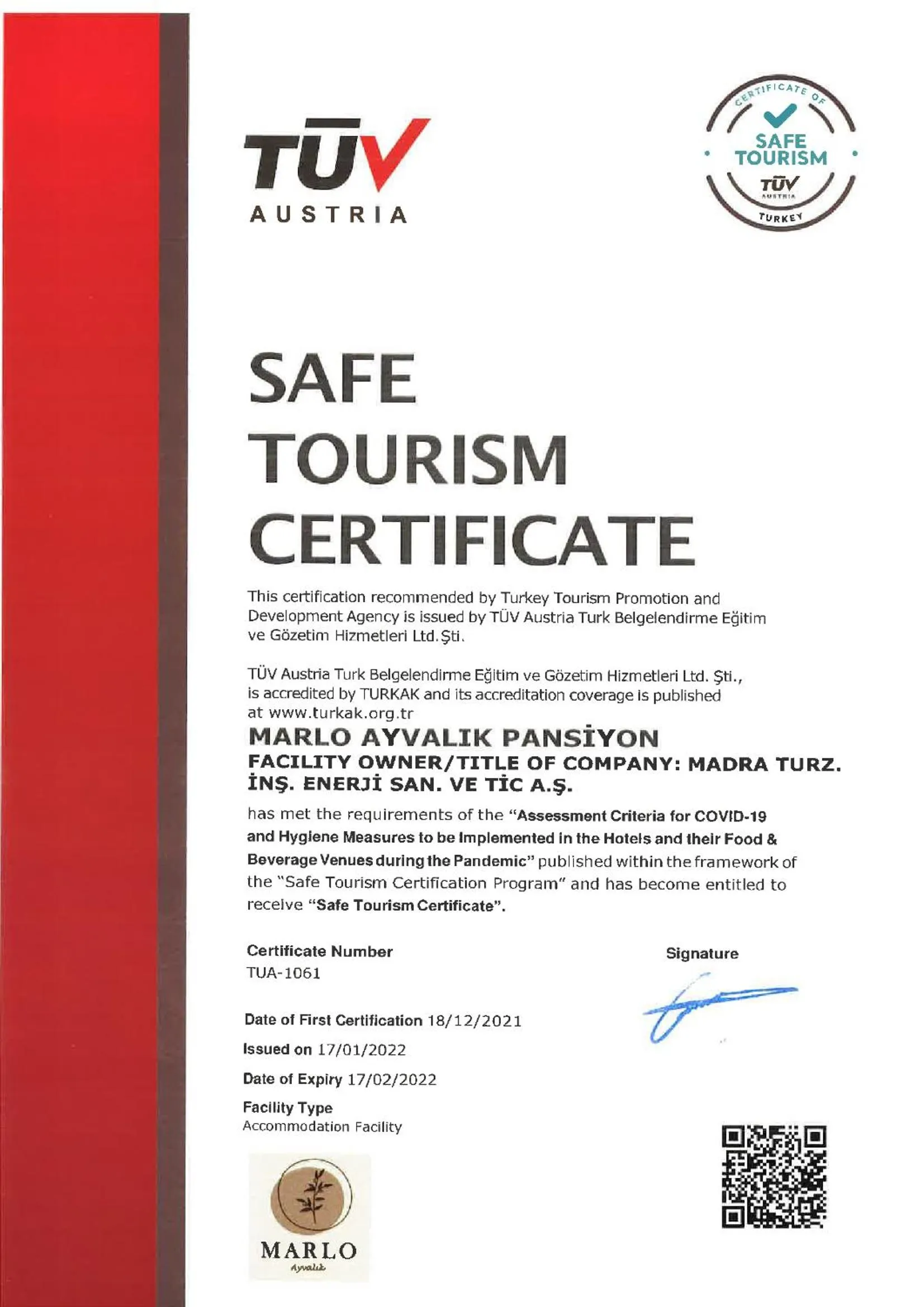 Logo/Certificate/Sign in Marlo Ayvalık 12 Plus Adult Only