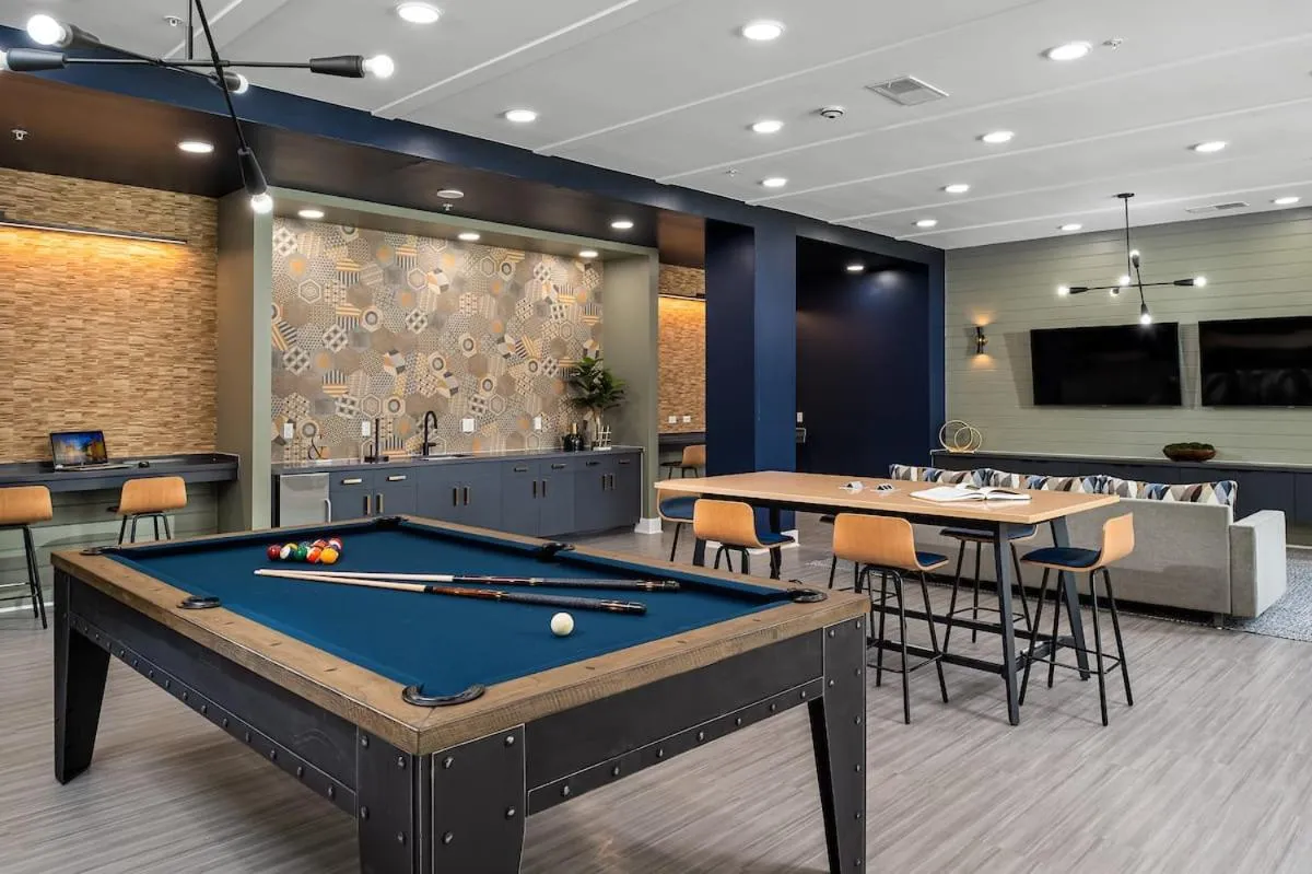 Game Room in Luxe One Bedroom Apartment with Balcony
