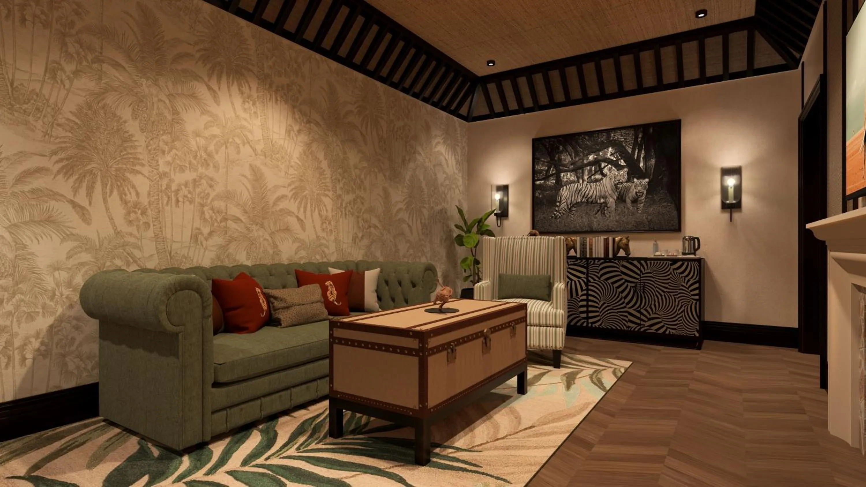 Living room in The Maharaja's Lodge, Ranthambore