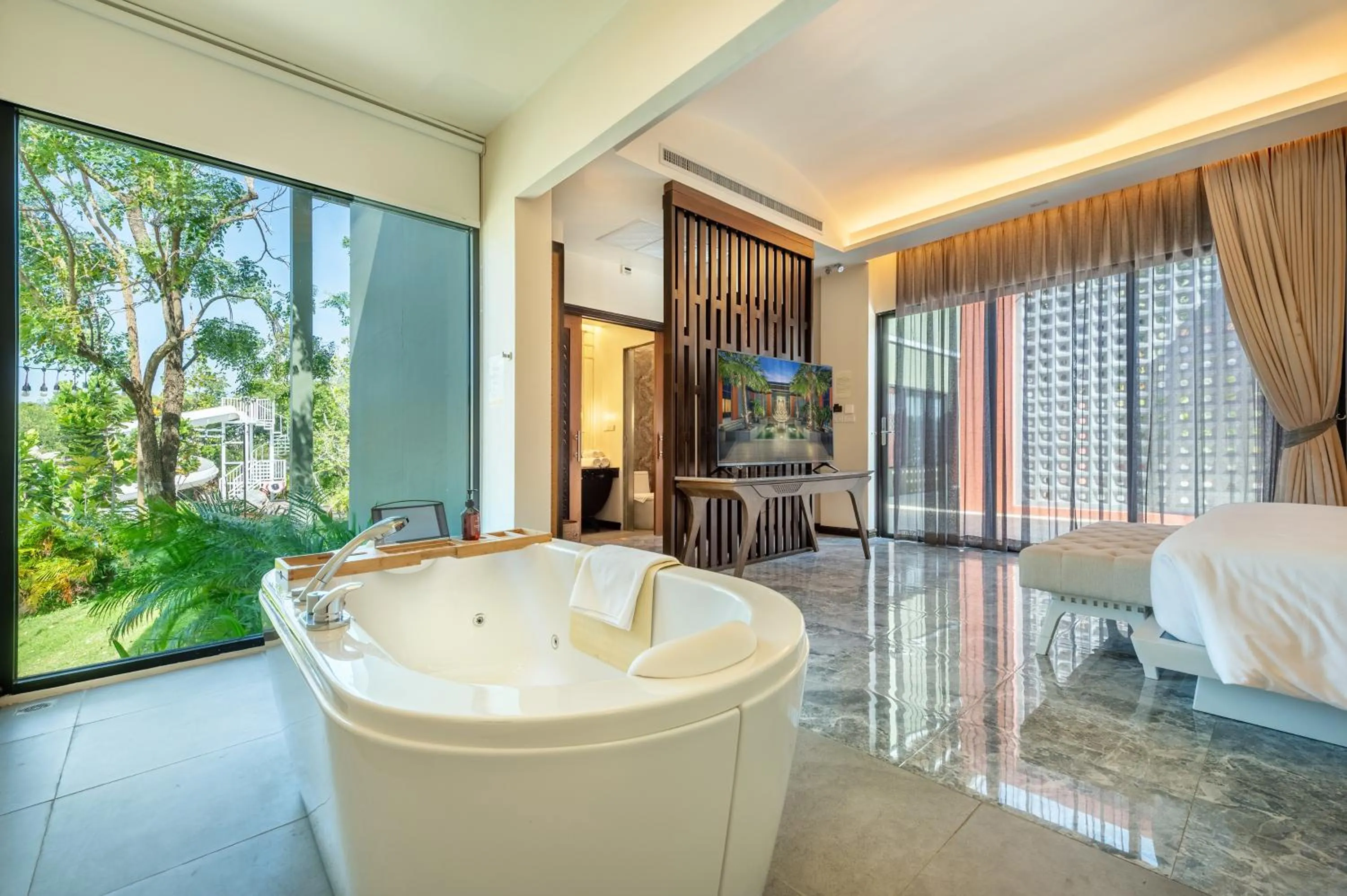 Pool view, Bed in Phukalini Luxury Pool Villa & Onsen