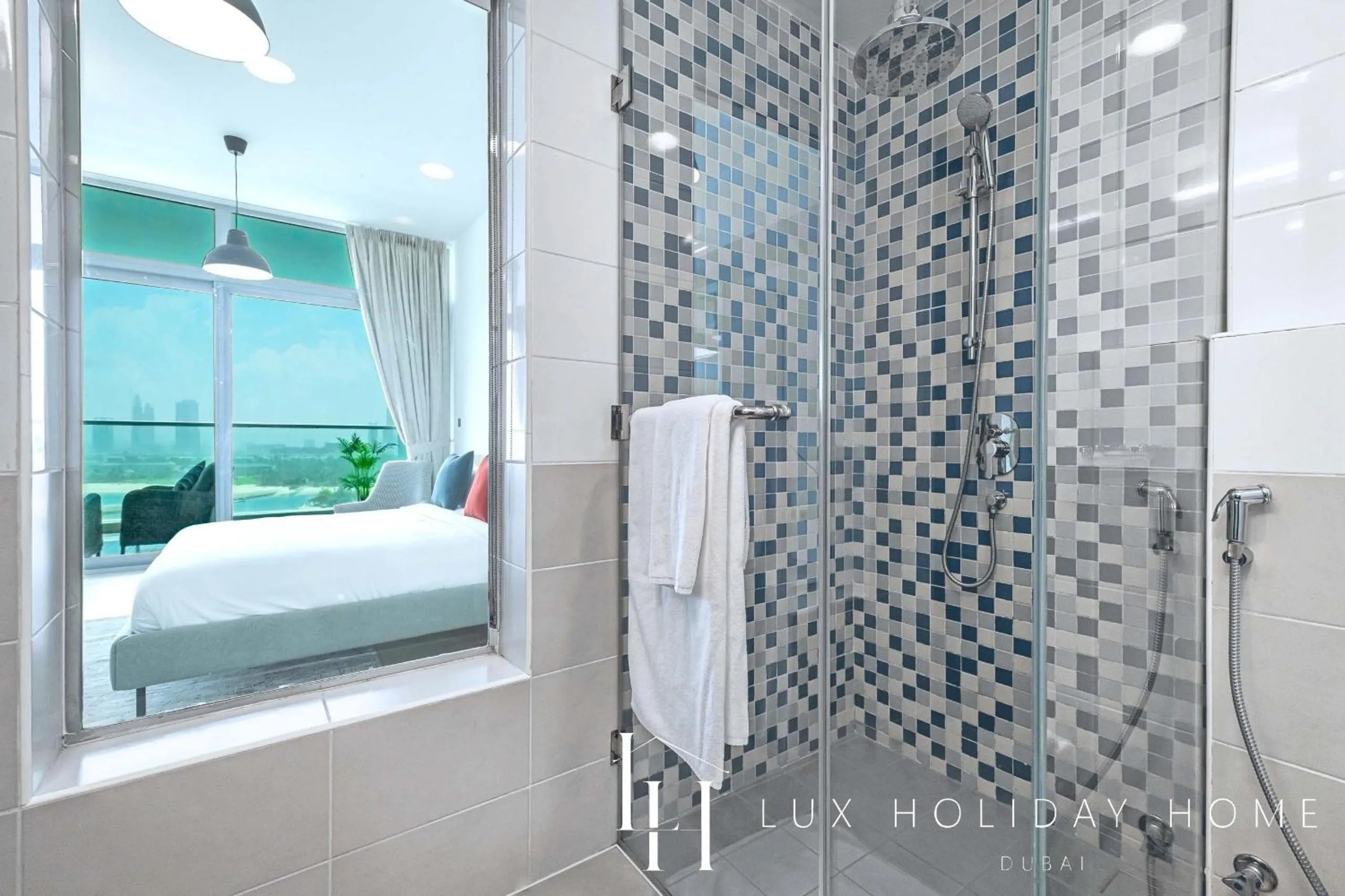 Shower, Bed in LUX Opulent Island Suite 6 Burj View
