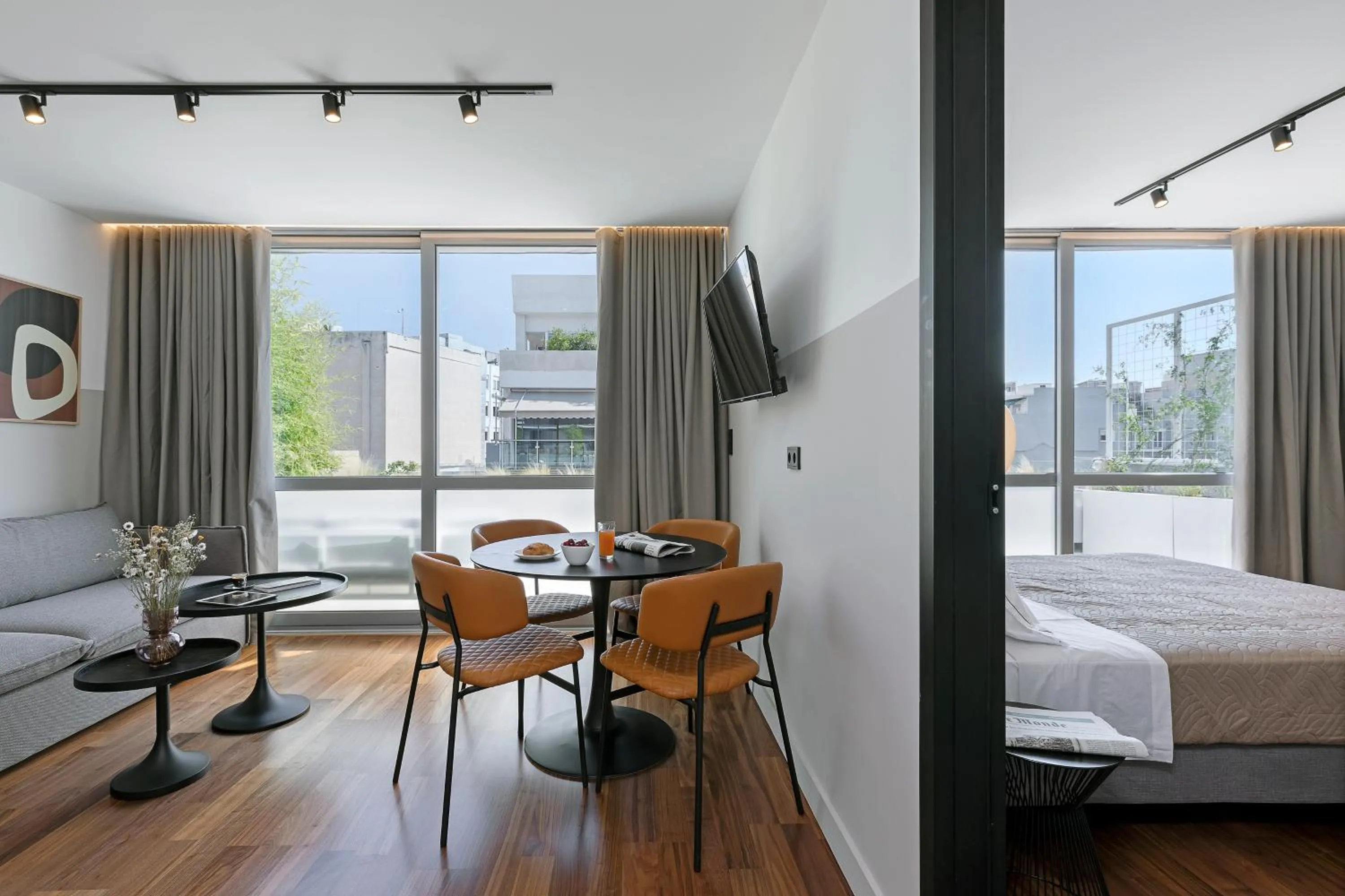 Living room, Bed in The Athenians Art Apartments