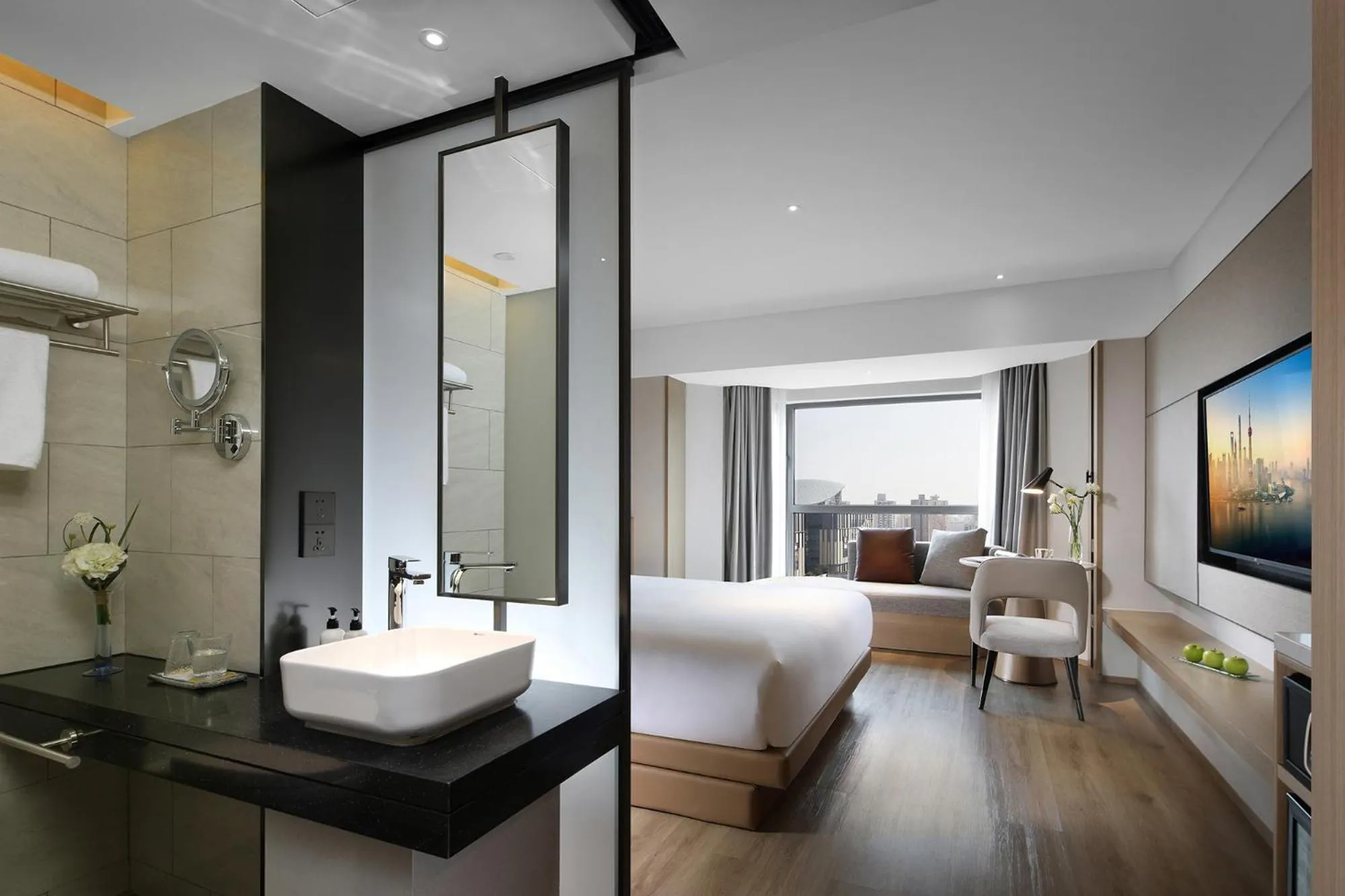 Property building, Bed in Holiday Inn Shanghai Huaxia by IHG - overlooking city scenery at Sky View Restaurant