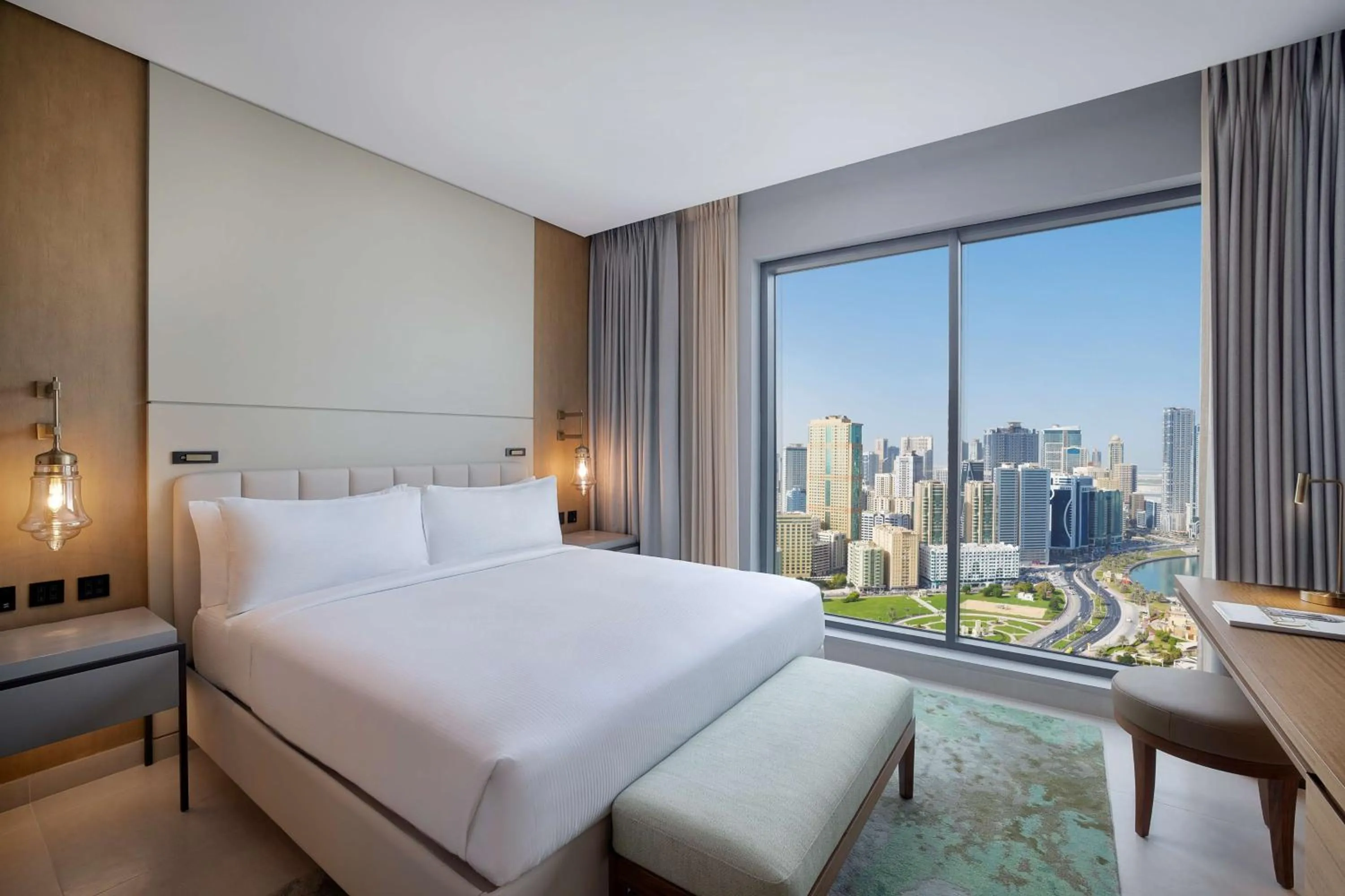 View (from property/room), Bed in DoubleTree by Hilton Sharjah Waterfront Hotel And Residences