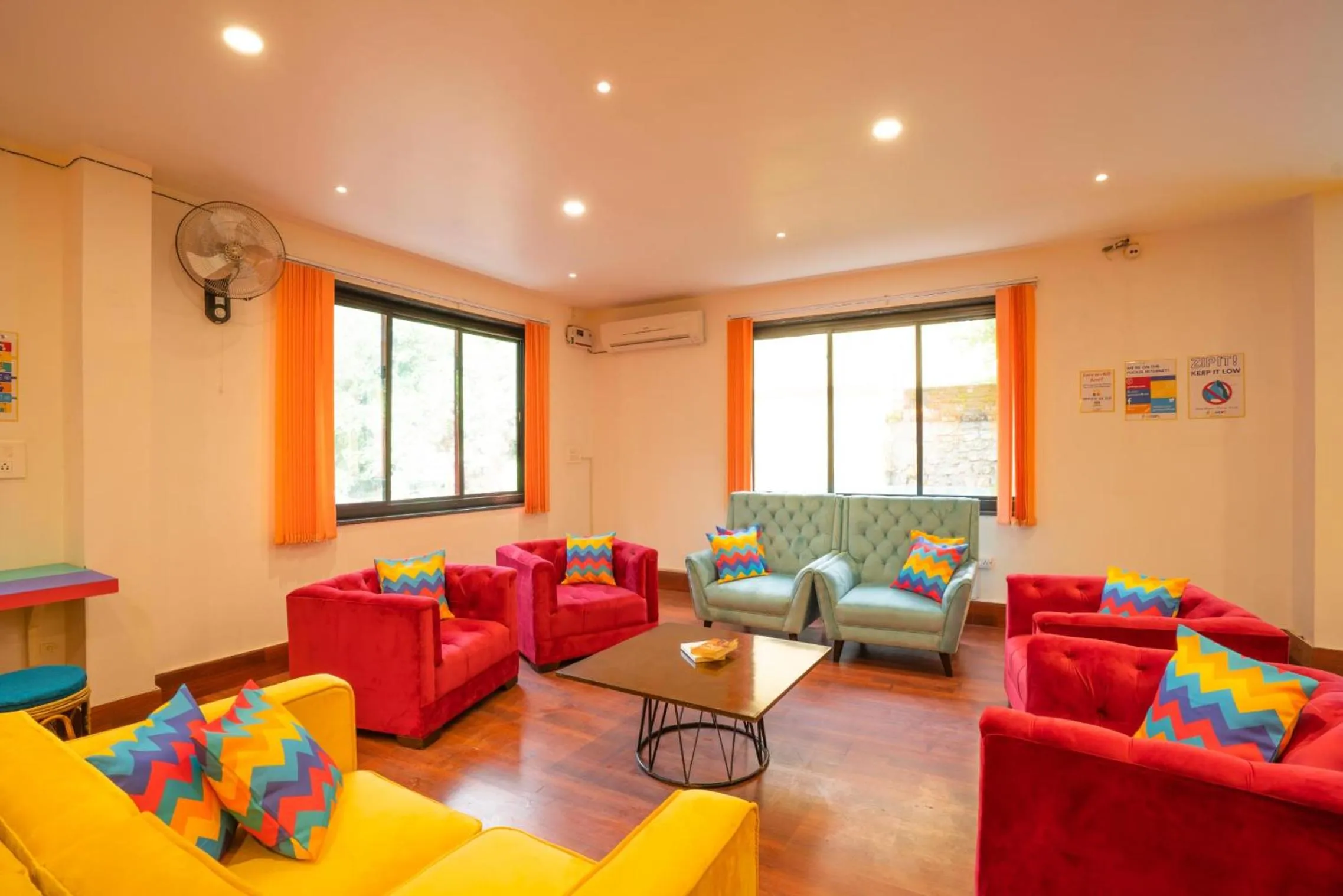 Seating area in goSTOPS Rishikesh, Lakshman Jhula