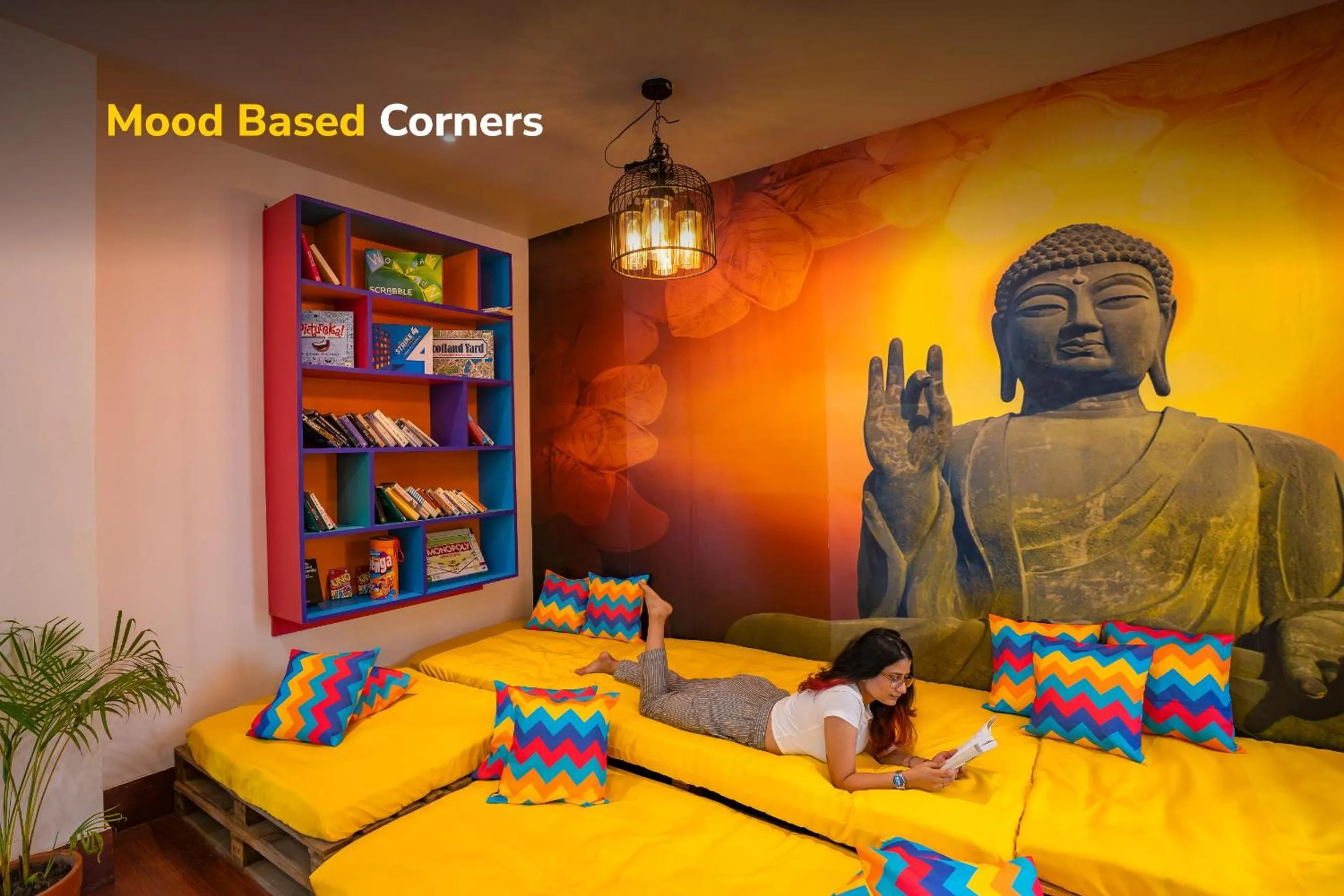 Seating area in goSTOPS Rishikesh, Lakshman Jhula