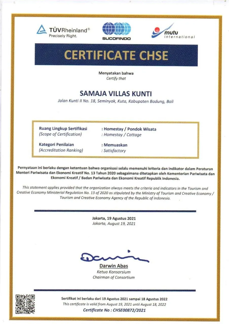 Certificate/Award in Samaja Villas Seminyak