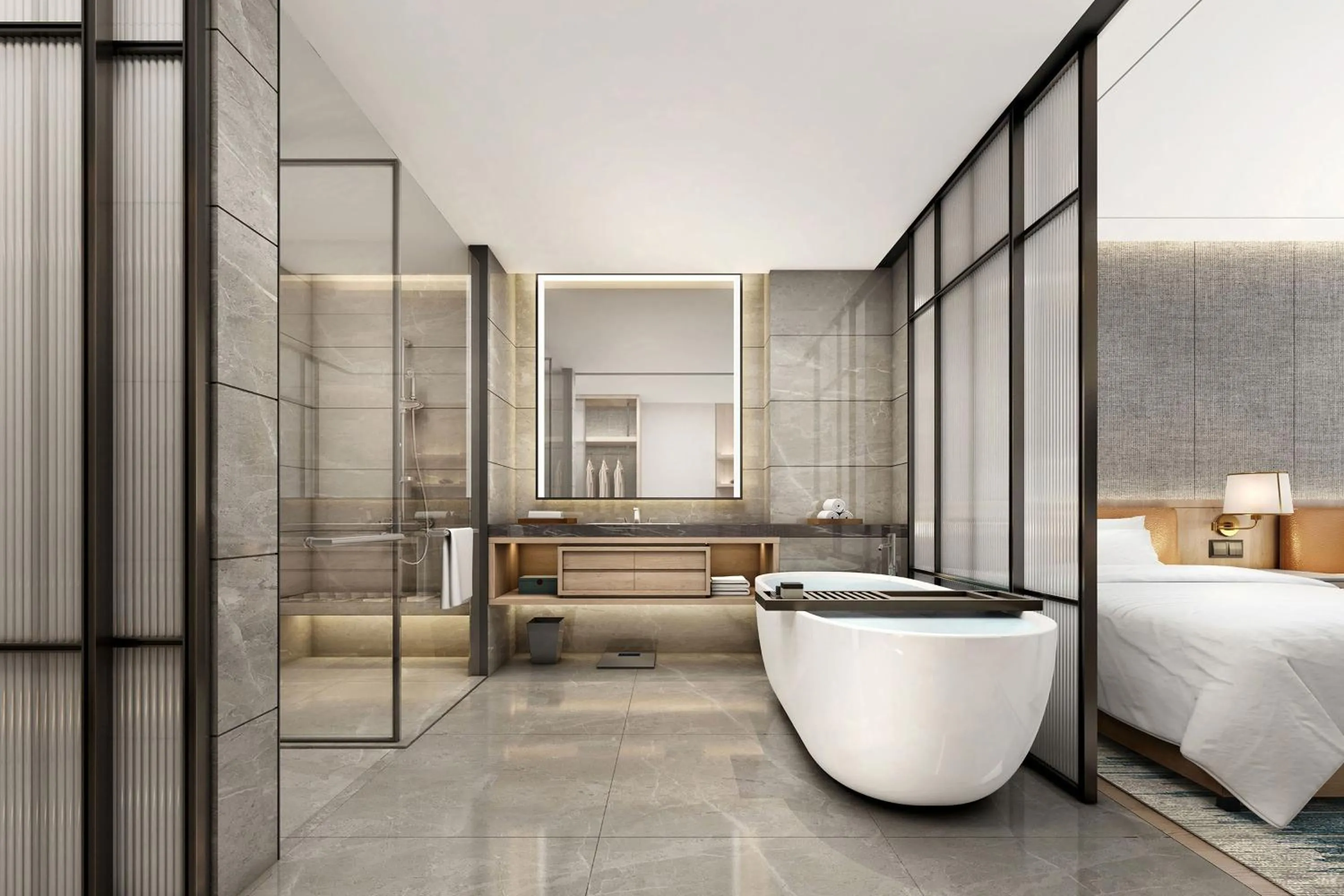 Bathroom, Bed in Sheraton Rizhao Hotel