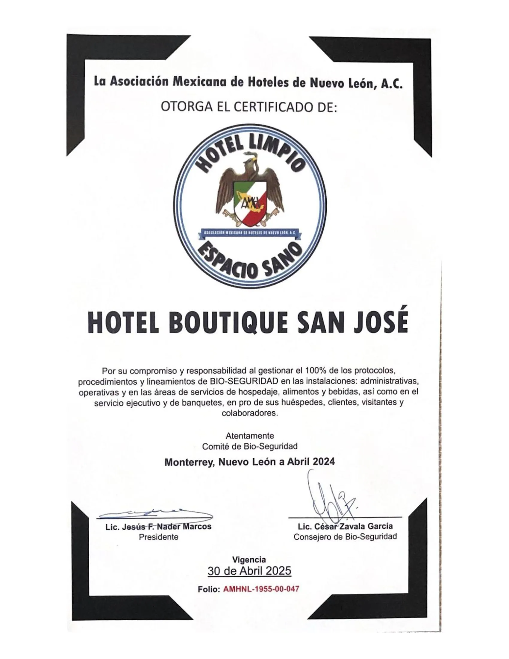 Logo/Certificate/Sign in San José Suites Boutique