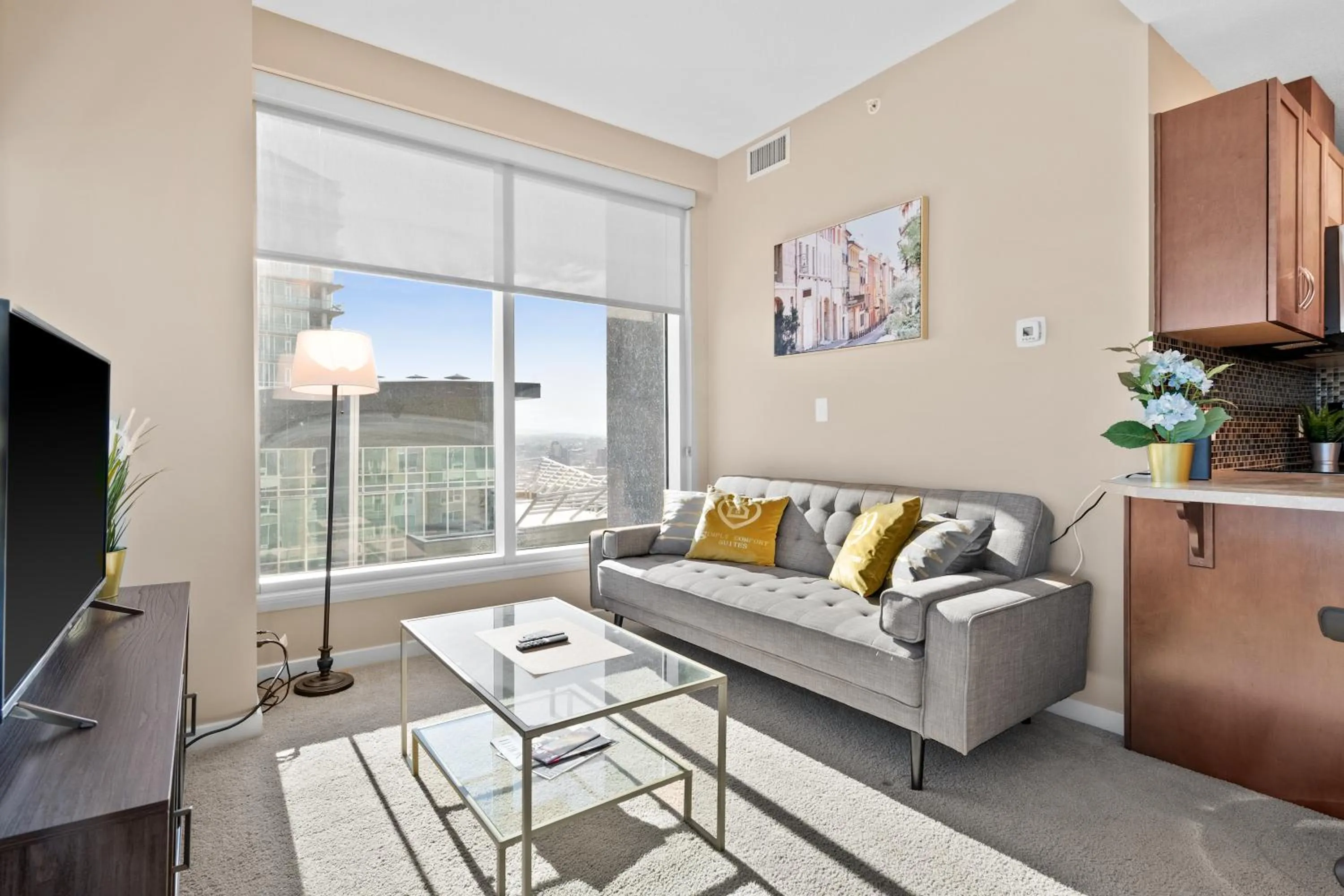 Living room in Stylish Downtown Condos by GLOBALSTAY