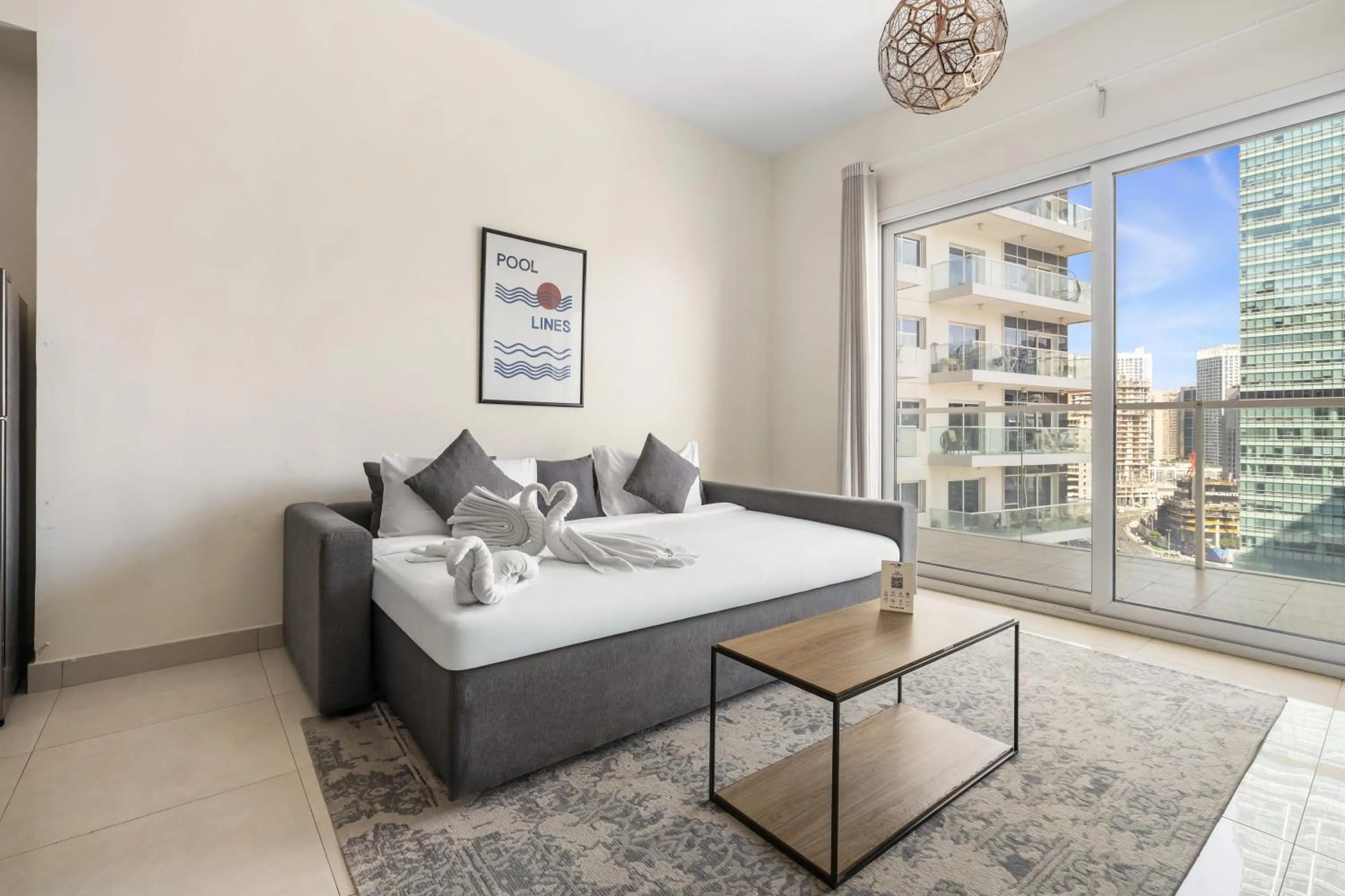 Living room, Bed in Unlock Metropolis Business Bay