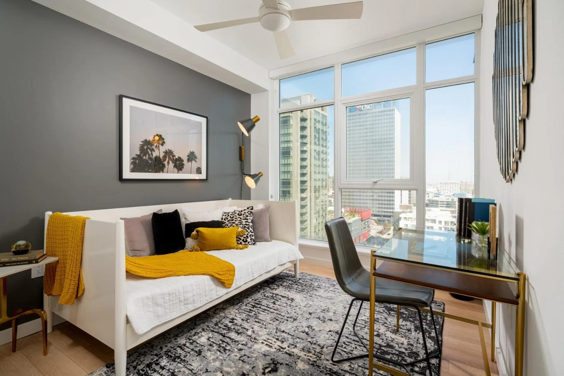 Living room, Bed in Sky-Rise Apartments