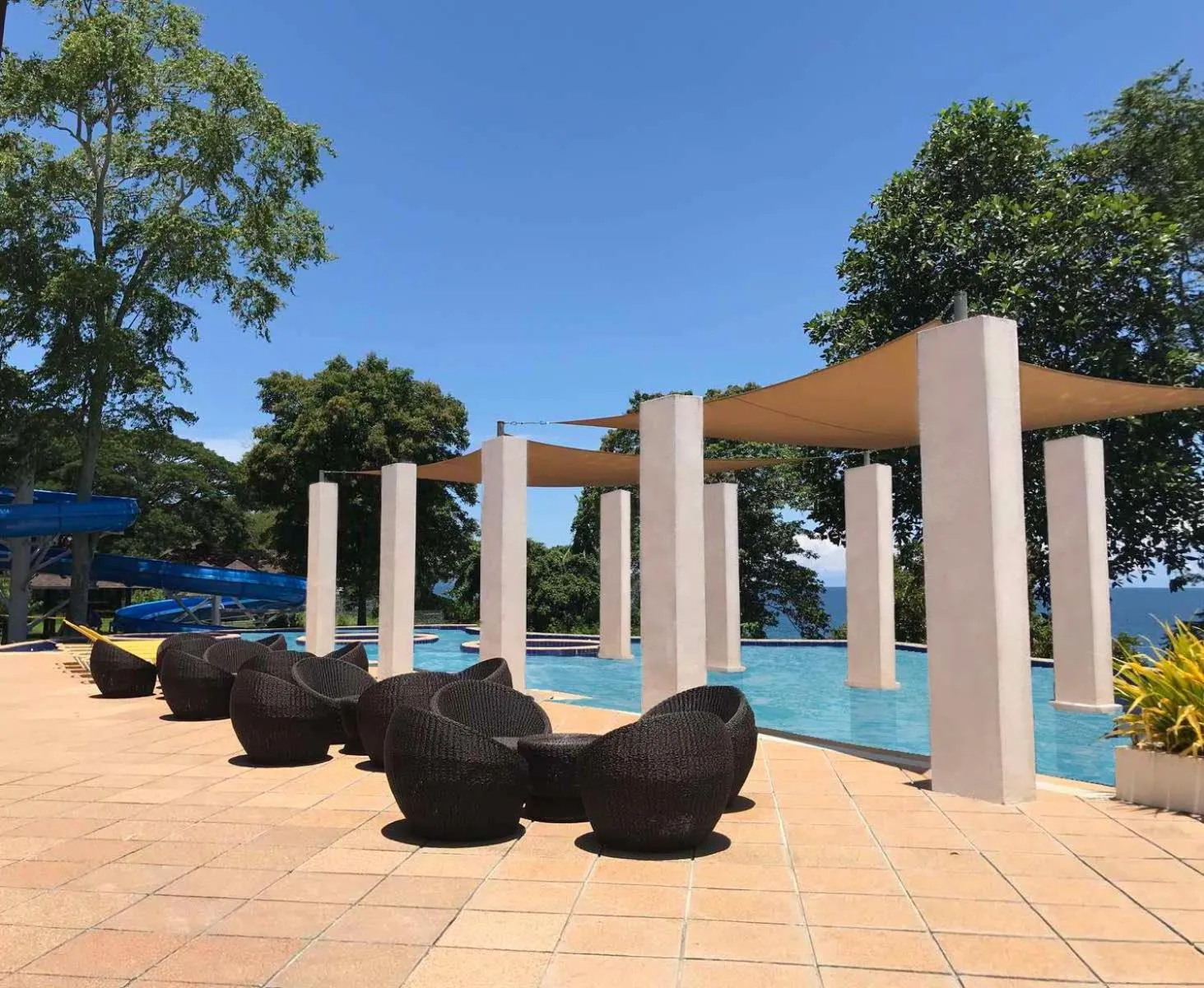 Pool view in Crusoe Cabins Costa Azalea