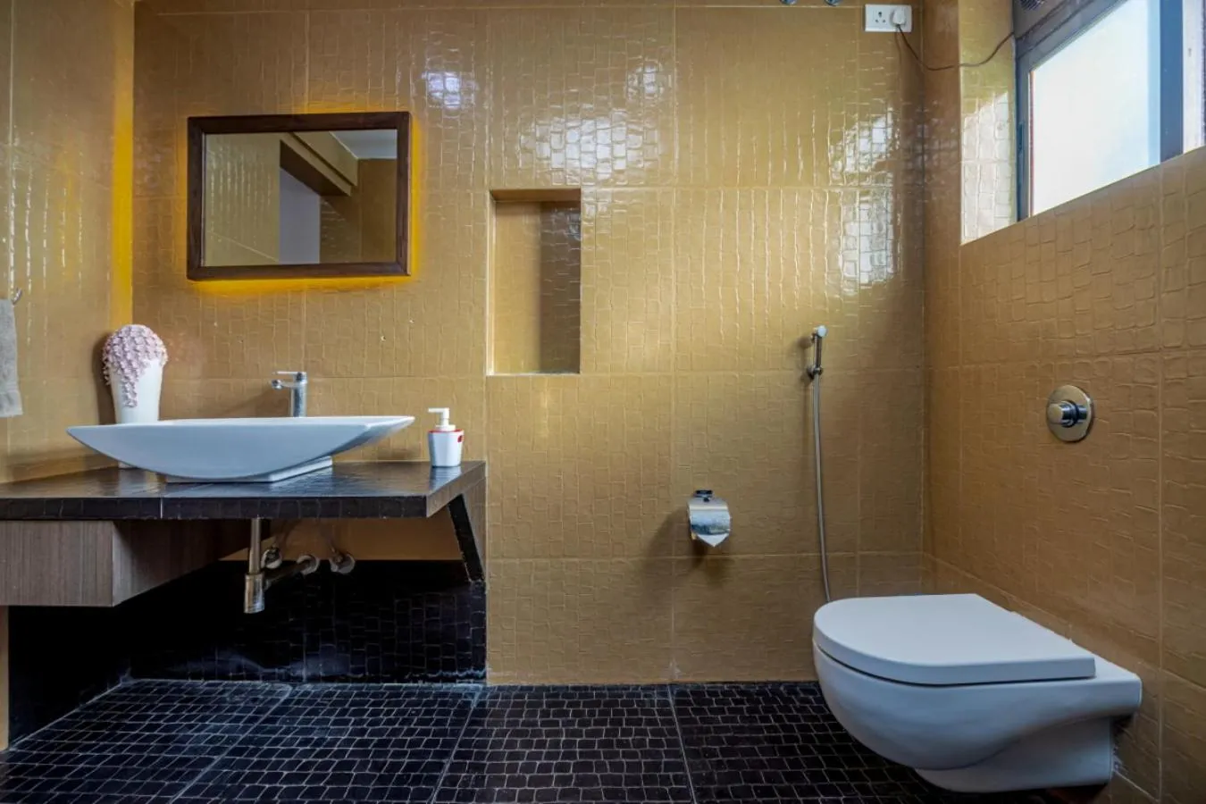 Shower in SaffronStays Aura - 4BR luxury pool villa with gym, BBQ deck, lawns & indoor games near Kihim Beach