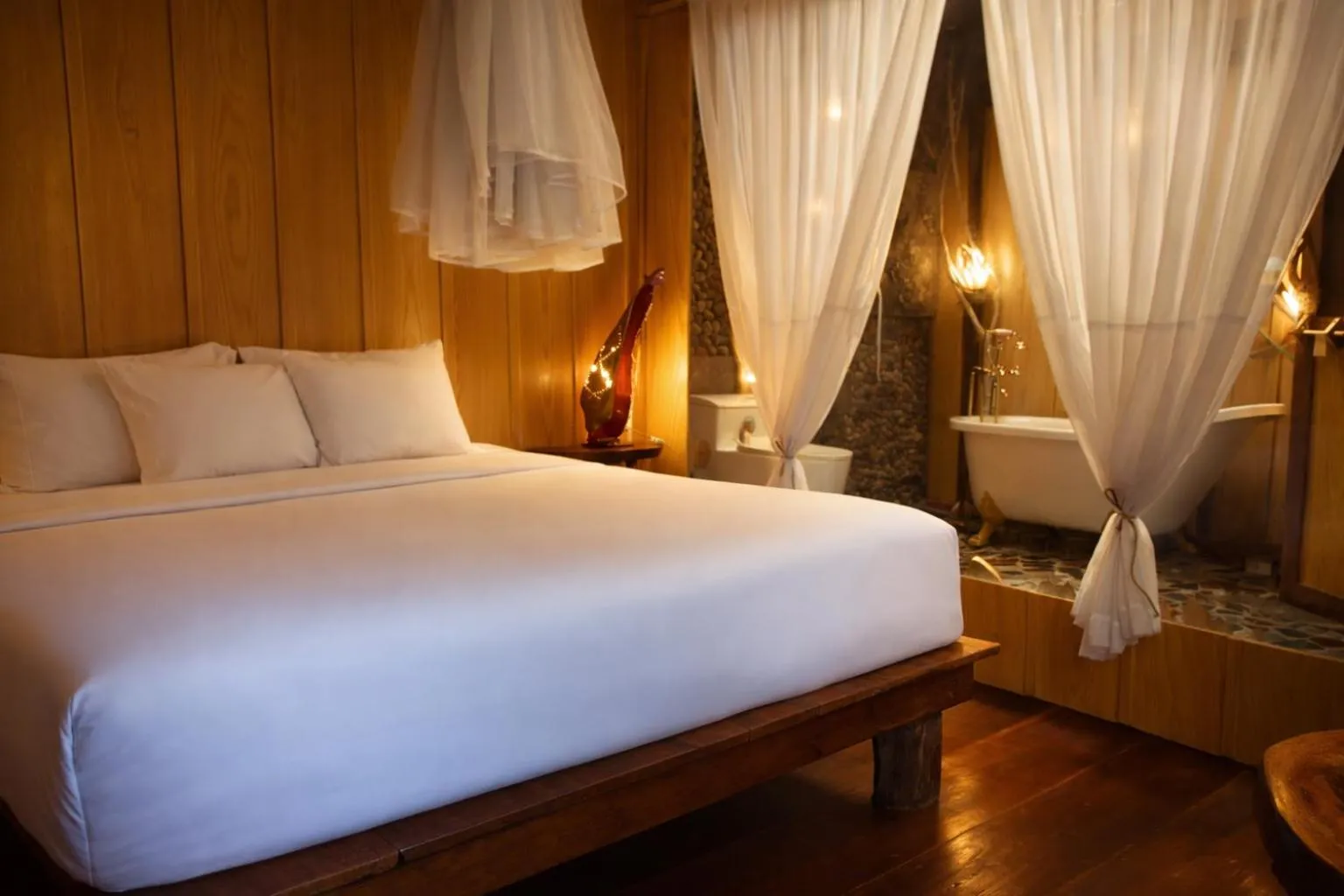 Bed in Mekong Silt Ecolodge - Pool & Half-Board Included