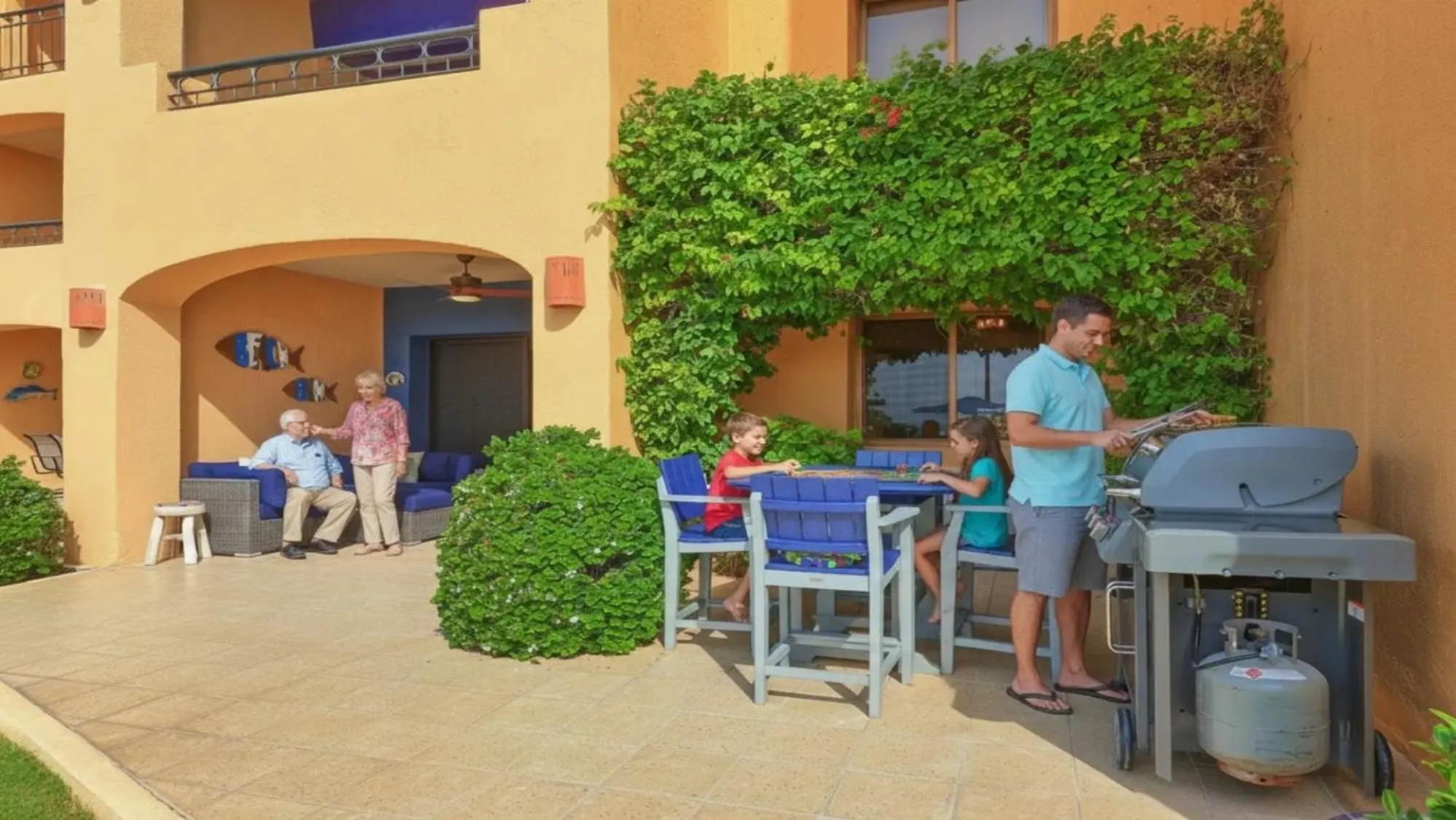Patio in Ground Floor 2BR Beachfront - Steps to Pool - Princesa E104 - BeachBumCondos