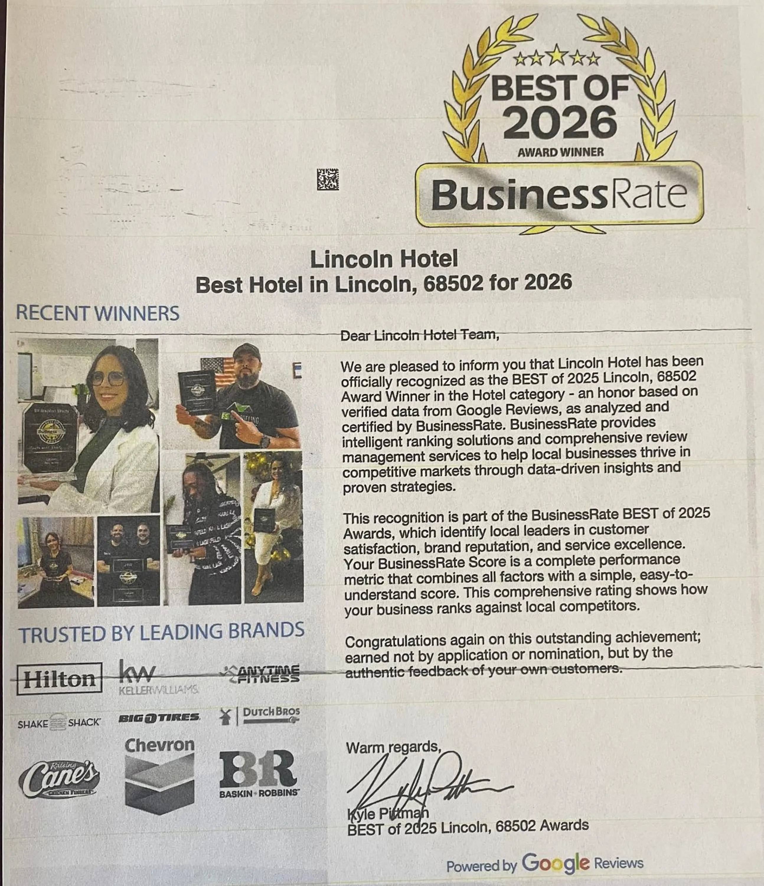 Certificate/Award in Lincoln Hotel