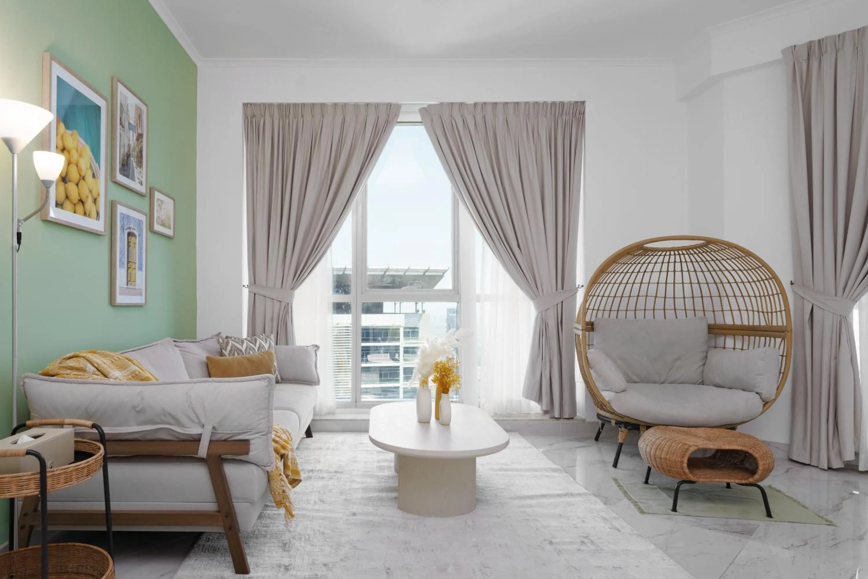 Living room, Bed in Marco Polo - Your luxurious high-floor escape in Dubai Marina