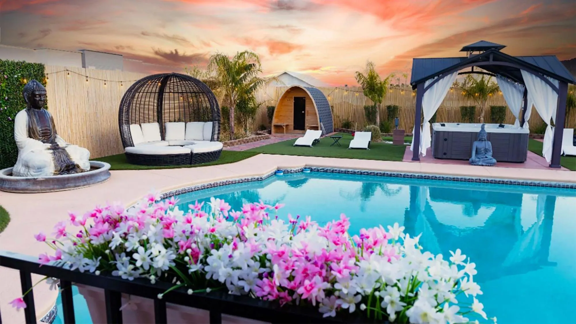 Patio in Buddha Mansion Luxury Resort - 8BR Modern, HotTub, Huge pool, Sauna, BBQ grill, Game Room