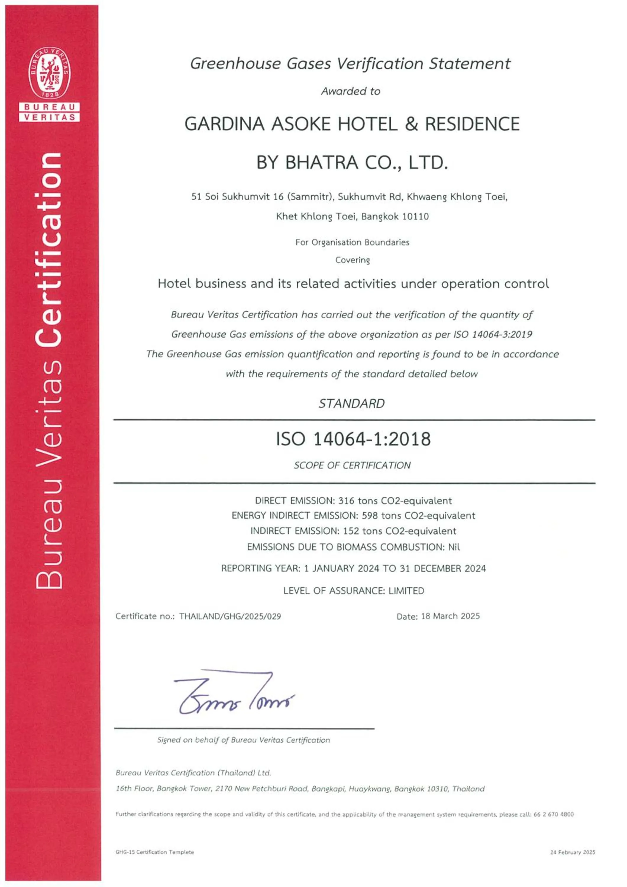 Certificate/Award in Gardina Asoke Hotel & Residence