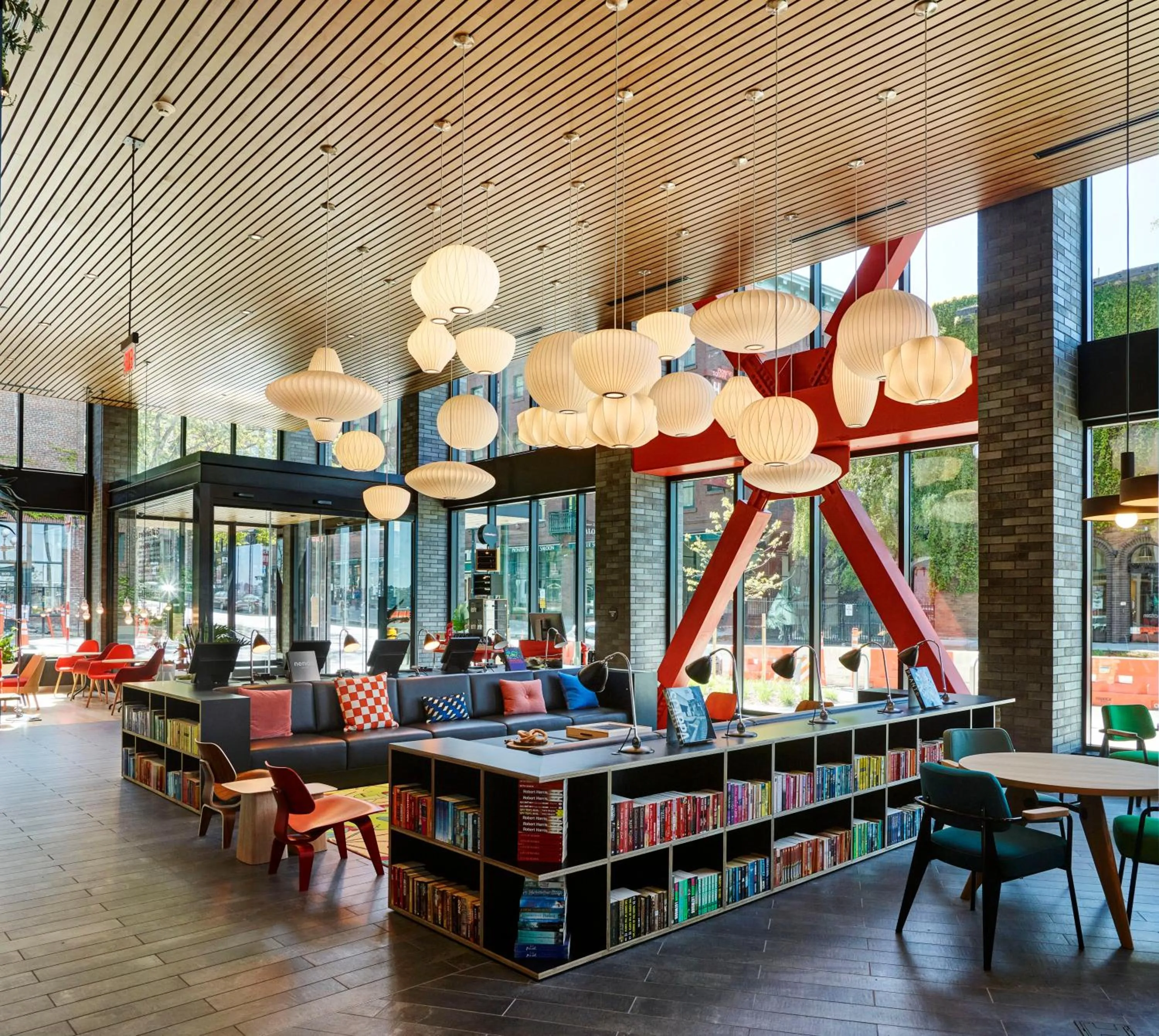 Seating area in citizenM Seattle Pioneer Square