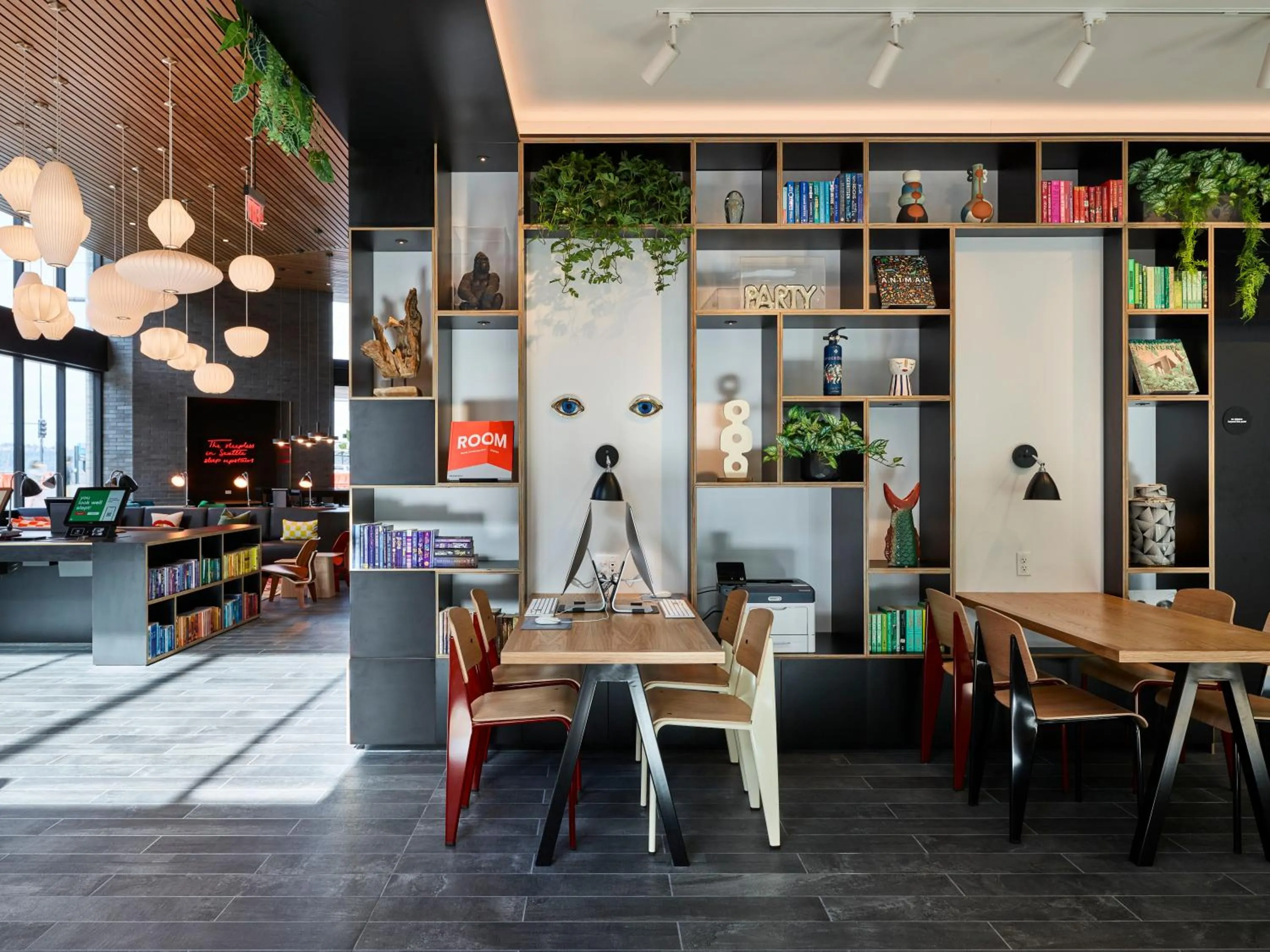 Seating area in citizenM Seattle Pioneer Square