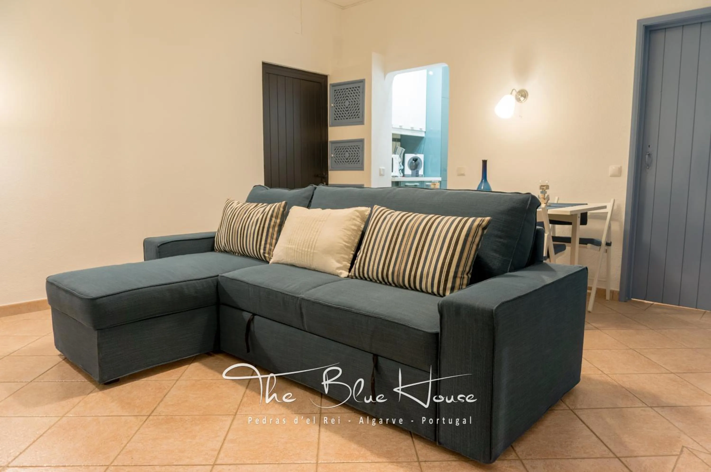 Living room in The Blue House, Pedras D'el Rei, Tavira
