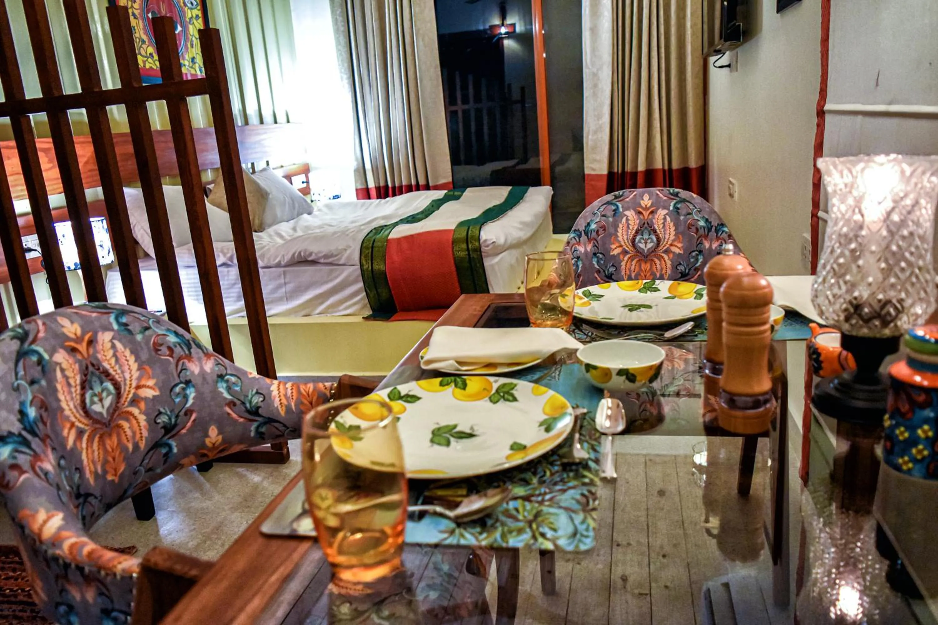 Dining area, Bed in Tree of Life Ecotainers Agra