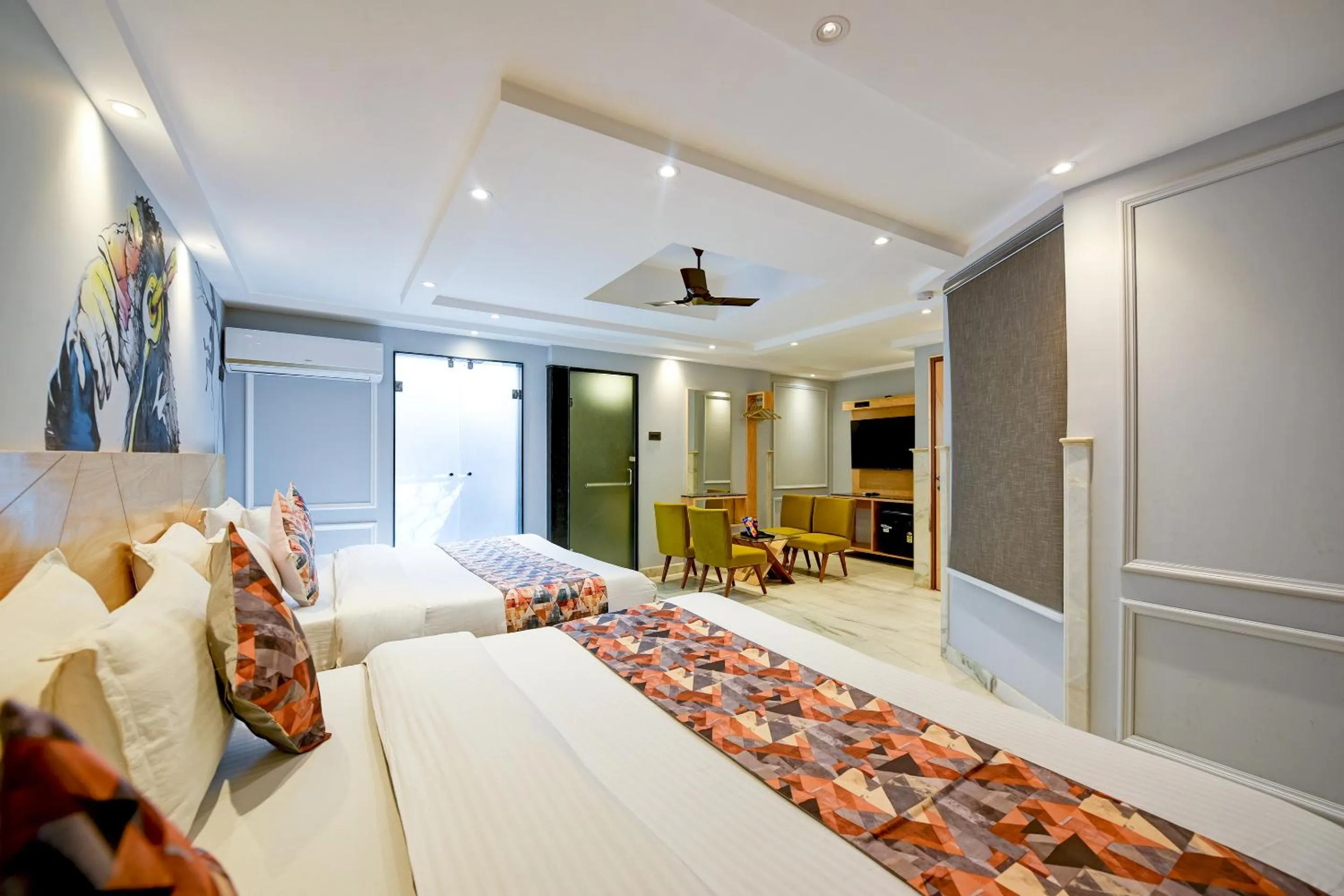 Dining area, Bed in Hotel Cottage Yes Please New Delhi