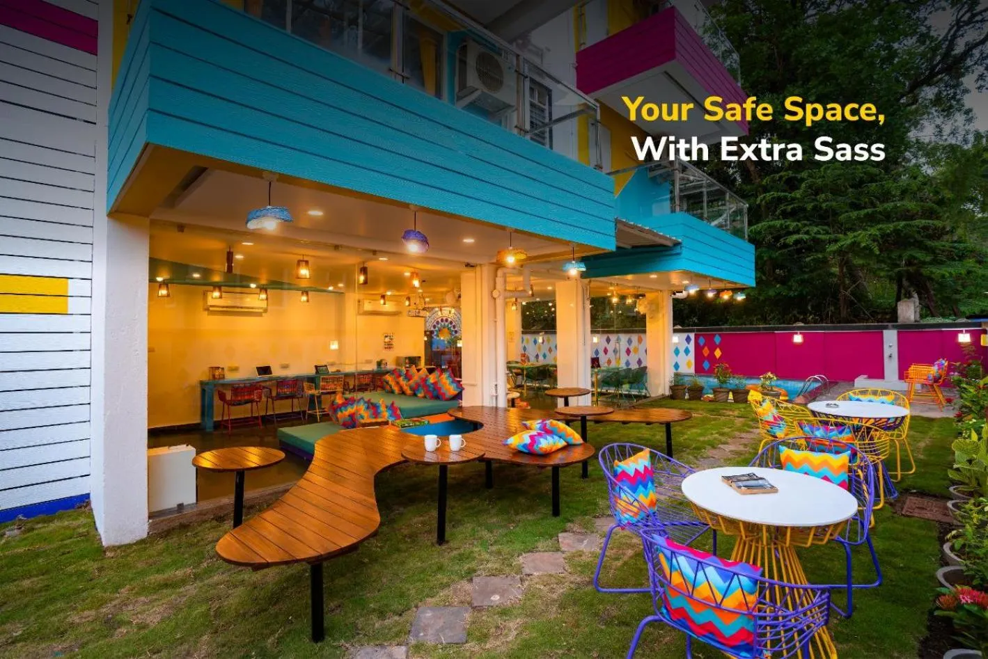 Seating area in goSTOPS Goa, Baga