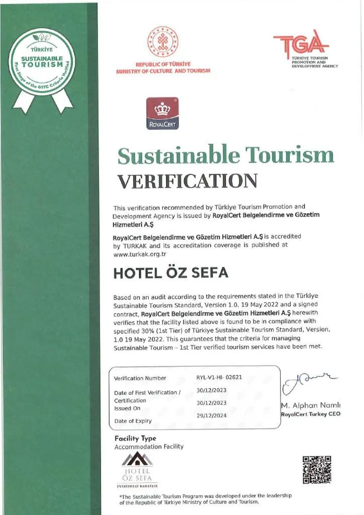 Certificate/Award in HOTEL ÖZSEFA