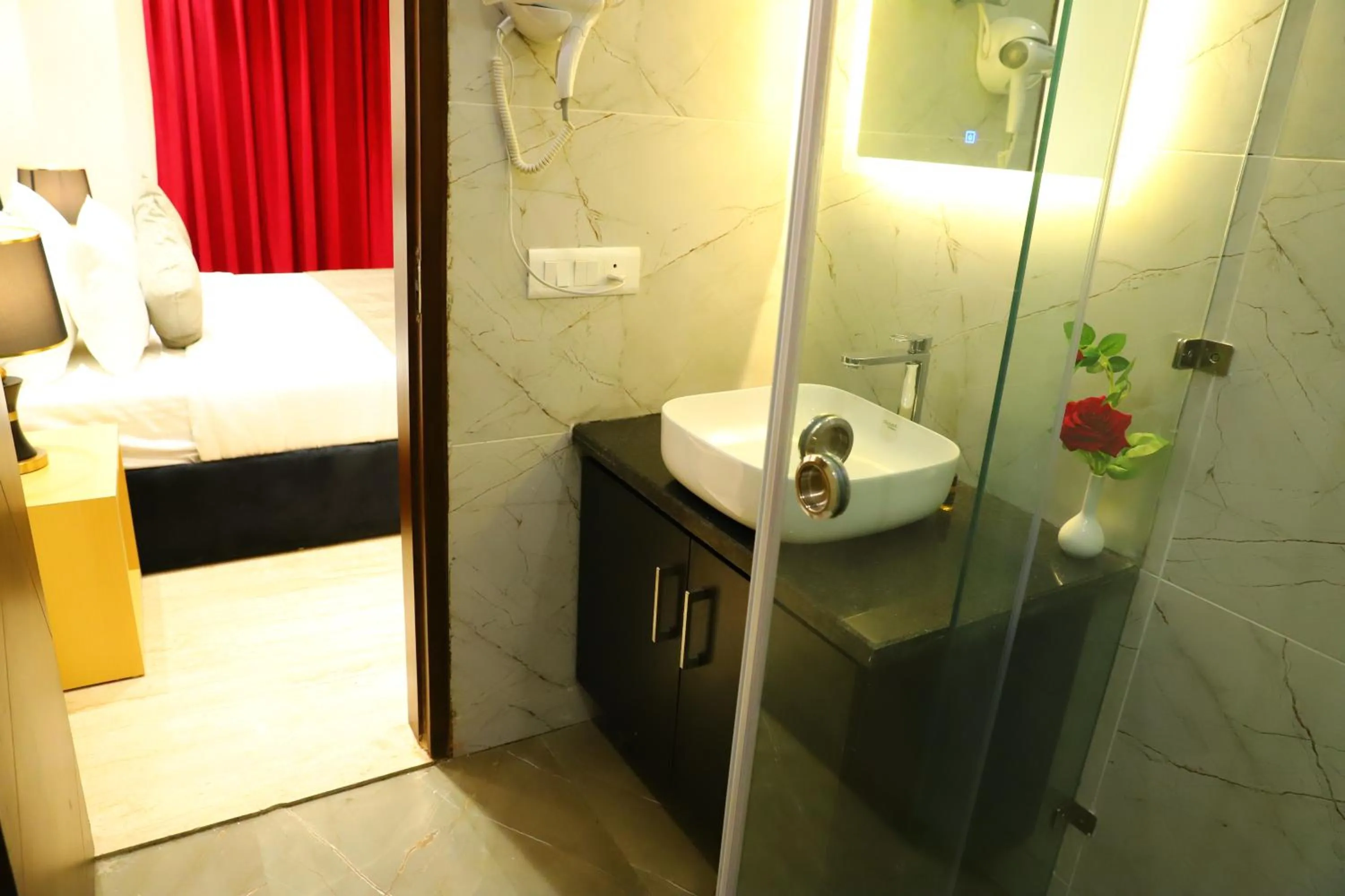 Bathroom, Bed in Hotel Palm Grand Naraina New Delhi - Couple Friendly Local IDs Accepted