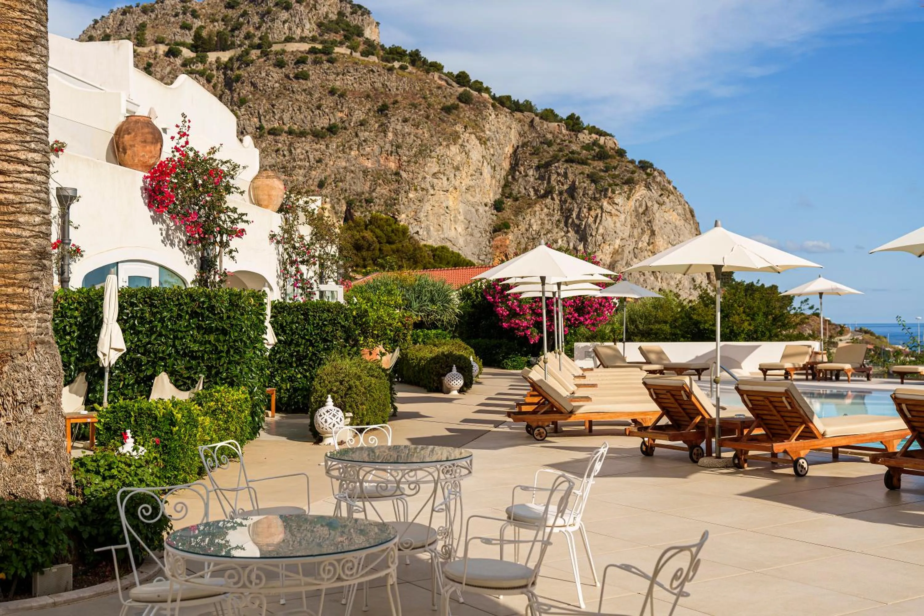 Seating area in Le Calette Bay