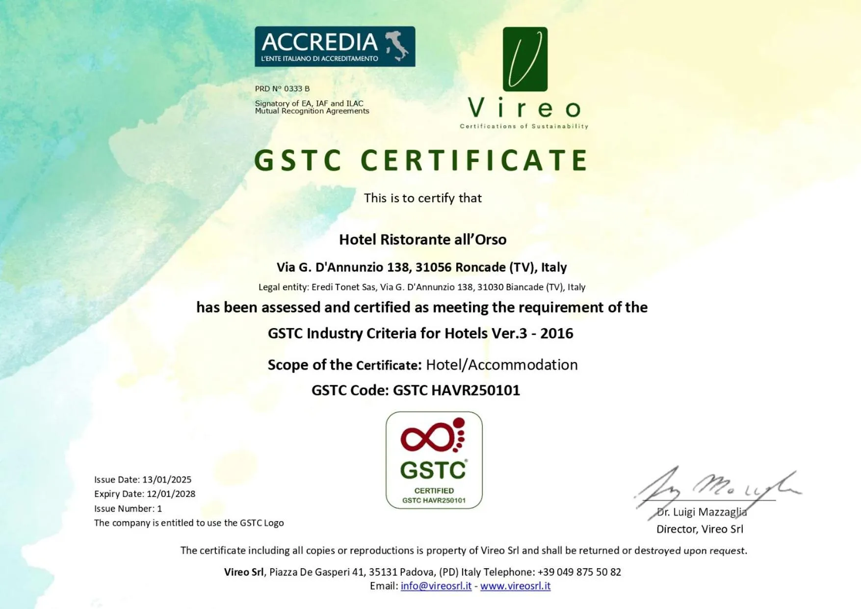 Certificate/Award in Hotel all'Orso