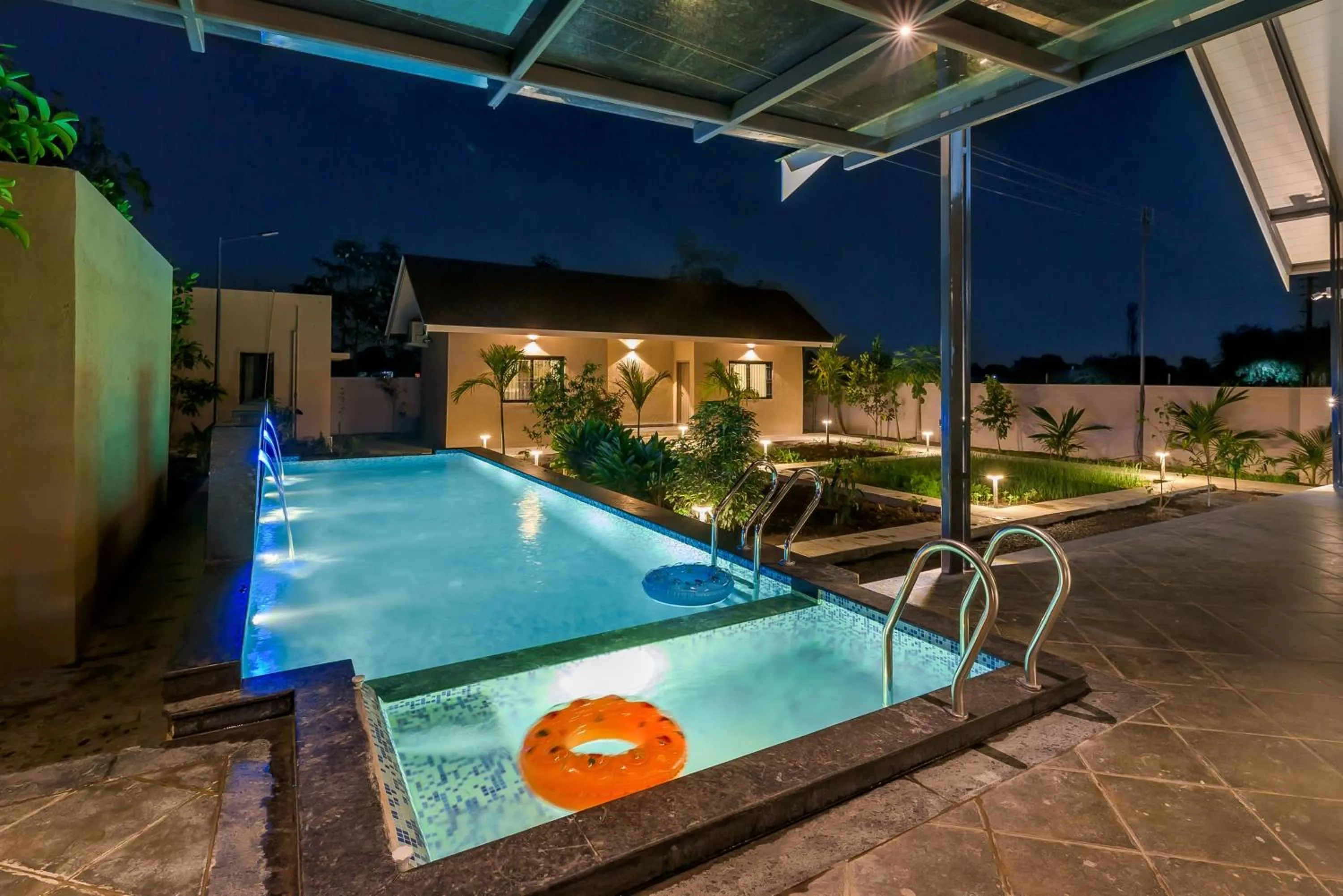 Patio in SaffronStays Eden - 3BR vineyard-side pool villa with jacuzzi, farm dining, stargazing deck & lawns for celebrations