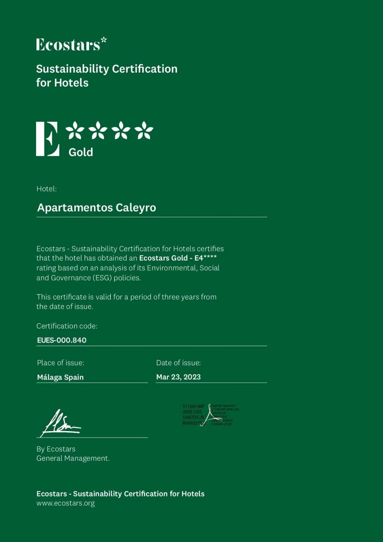 Certificate/Award in Caleyro Boutique Apartments - "Parking incluido"