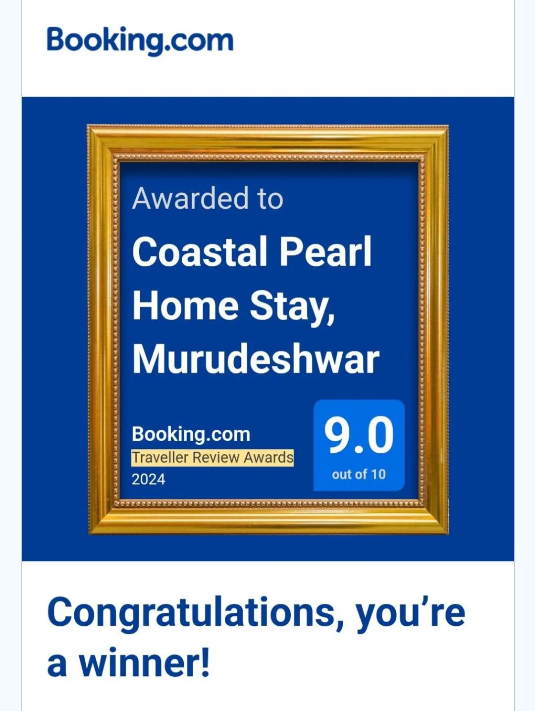 Certificate/Award in Coastal Pearl Home Stay, Private Rooms & Villas Murudeshwar