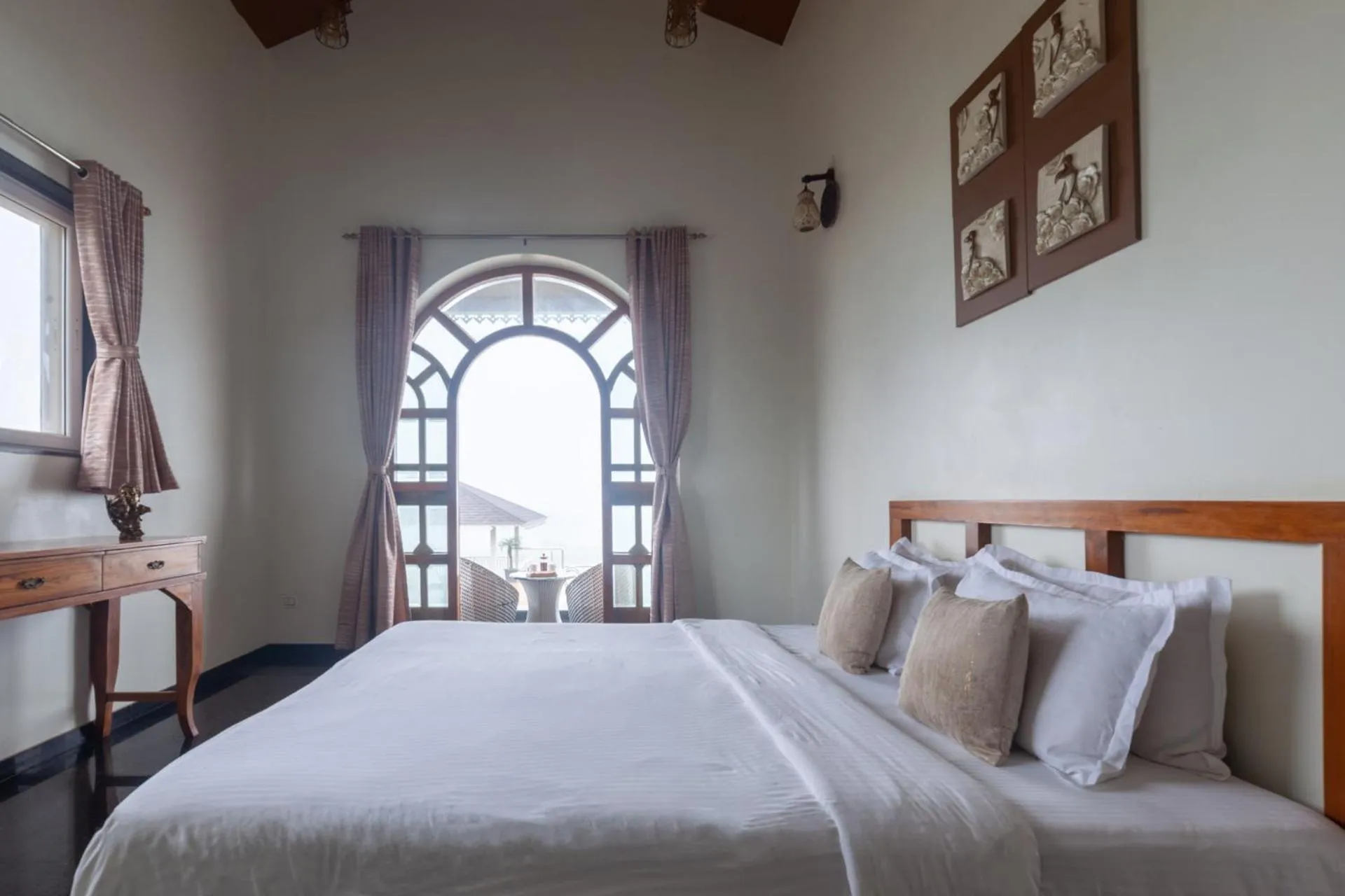 Bedroom, Bed in Lake Arches by StayVista - Lakeside villa with Infinity pool, Gazebo & Modern Greek interiors