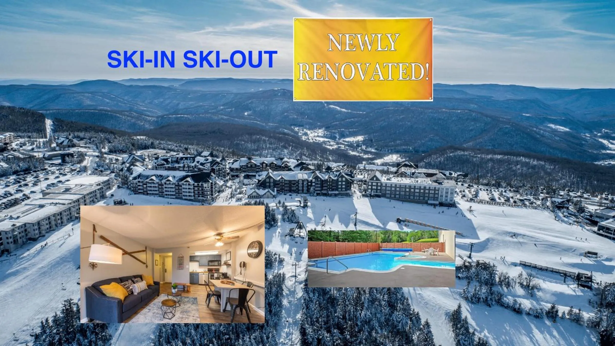 Winter in Snowshoe Ski-in & Ski-out at Silvercreek Resort - Family friendly, jacuzzi, hot tub, mountain views