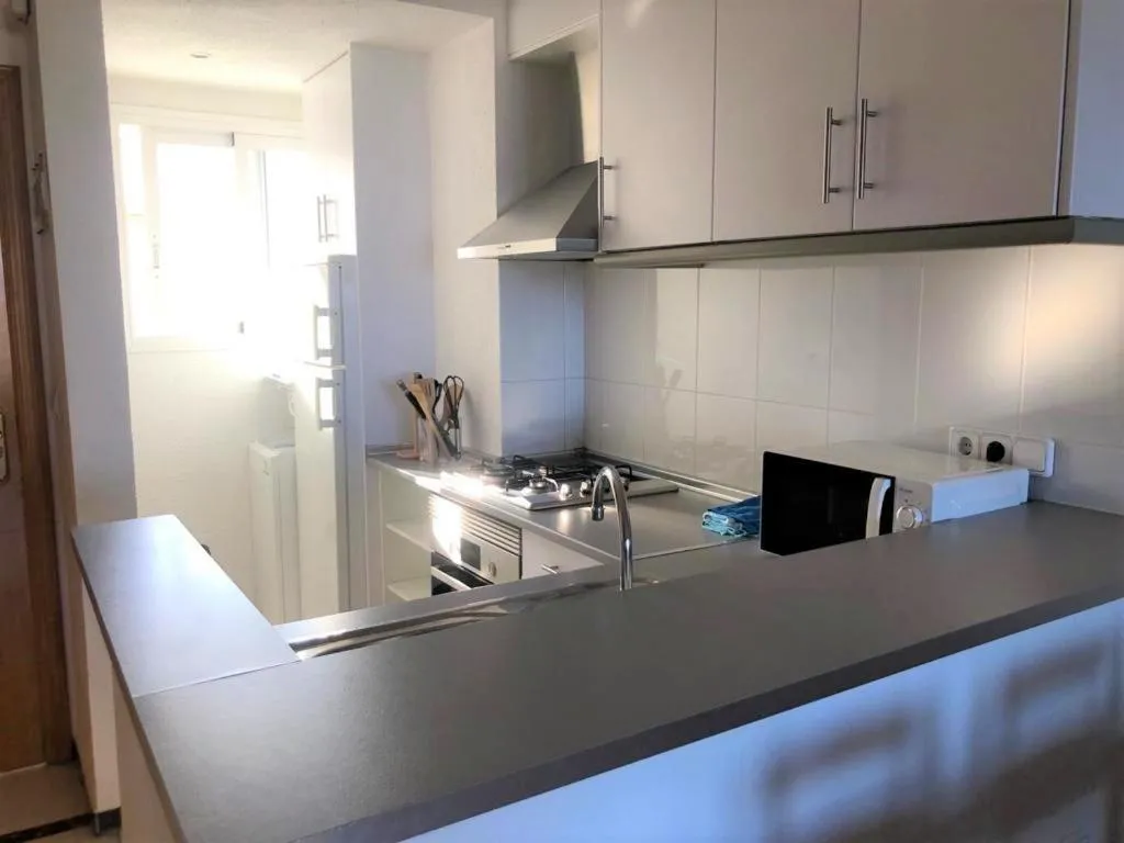 Kitchen or kitchenette in Acogedor apartamento frente al mar con piscina