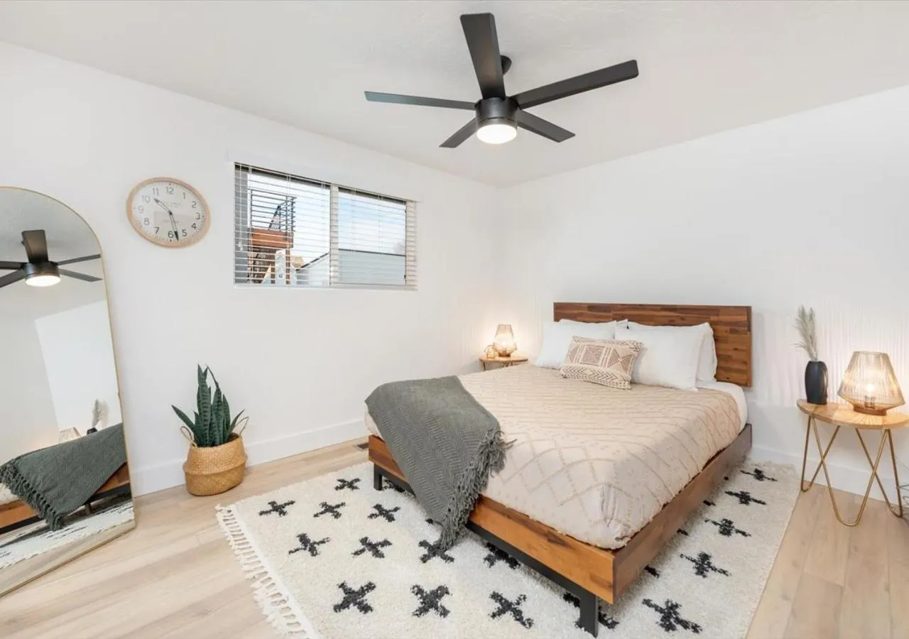 Bed in Mid Century Modern Boise-River Bungalow w/ Hot Tub