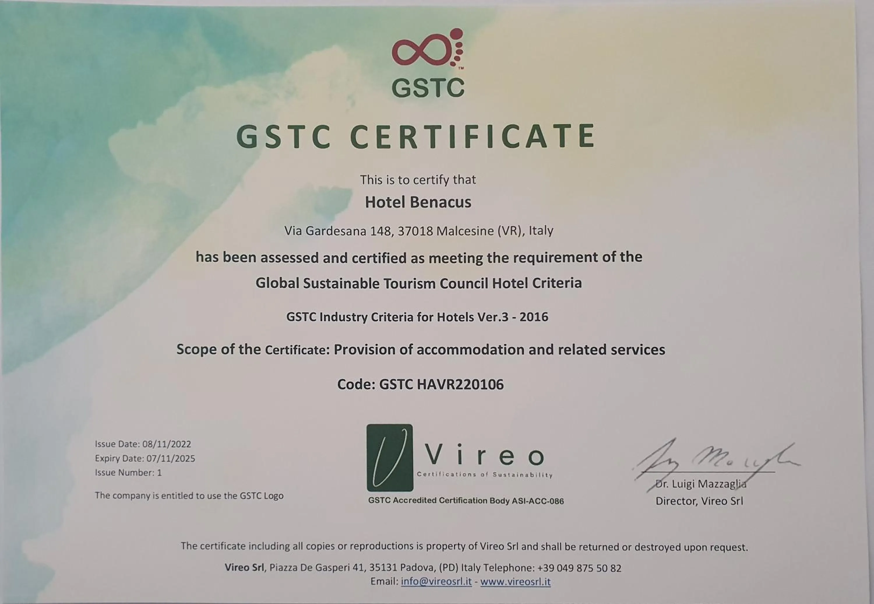 Certificate/Award in Eco Hotel Benacus